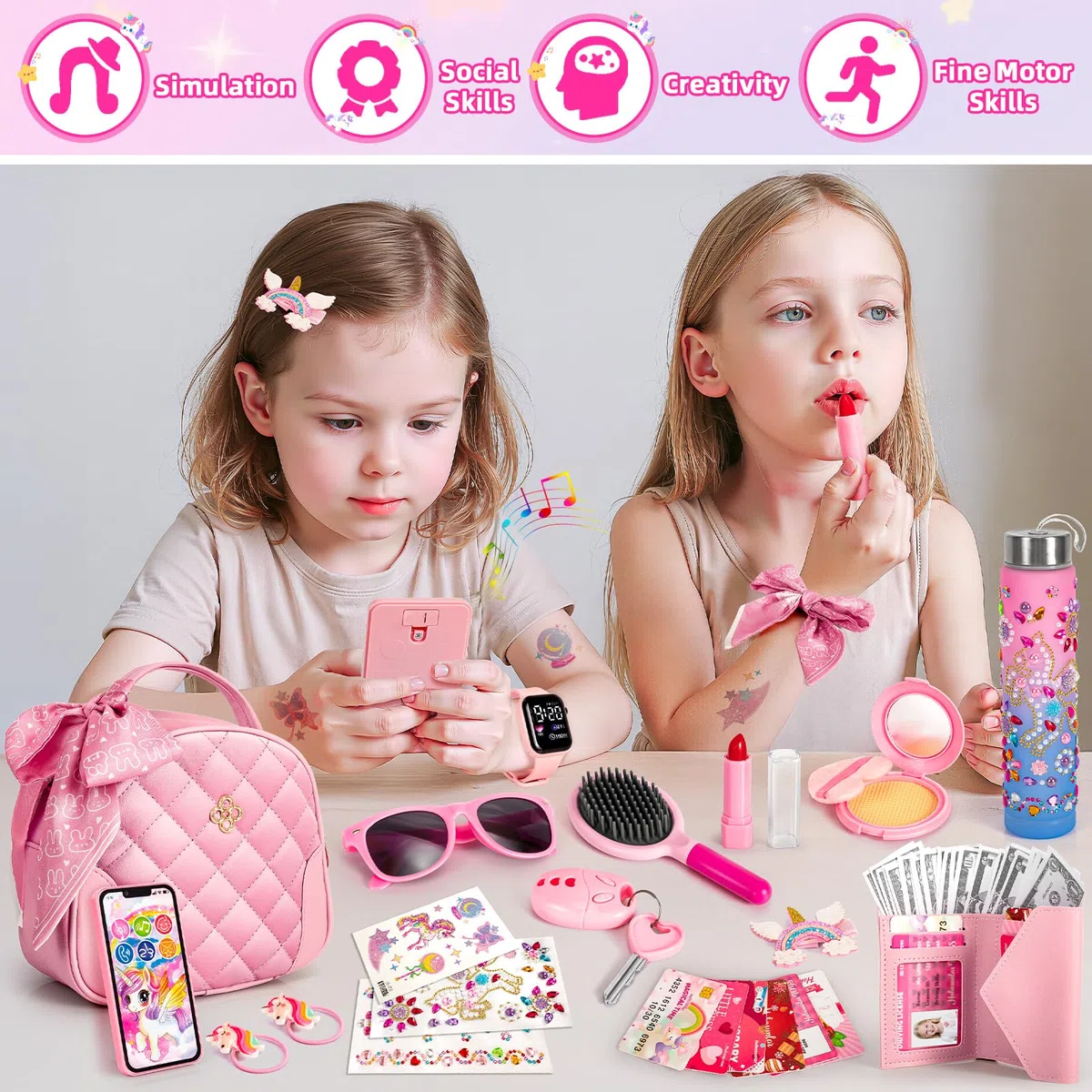 Hohosunlar Sac à Main Petite Fille, Faux Maquillage, DIY Licorne Bouteille d’Eau Fille, Watch, Téléphone Portefeuille Clés, Jouet de Princesse, Noël Cadeau d'anniversaire Jouet Filles 3 4 5 6 7 8 Ans