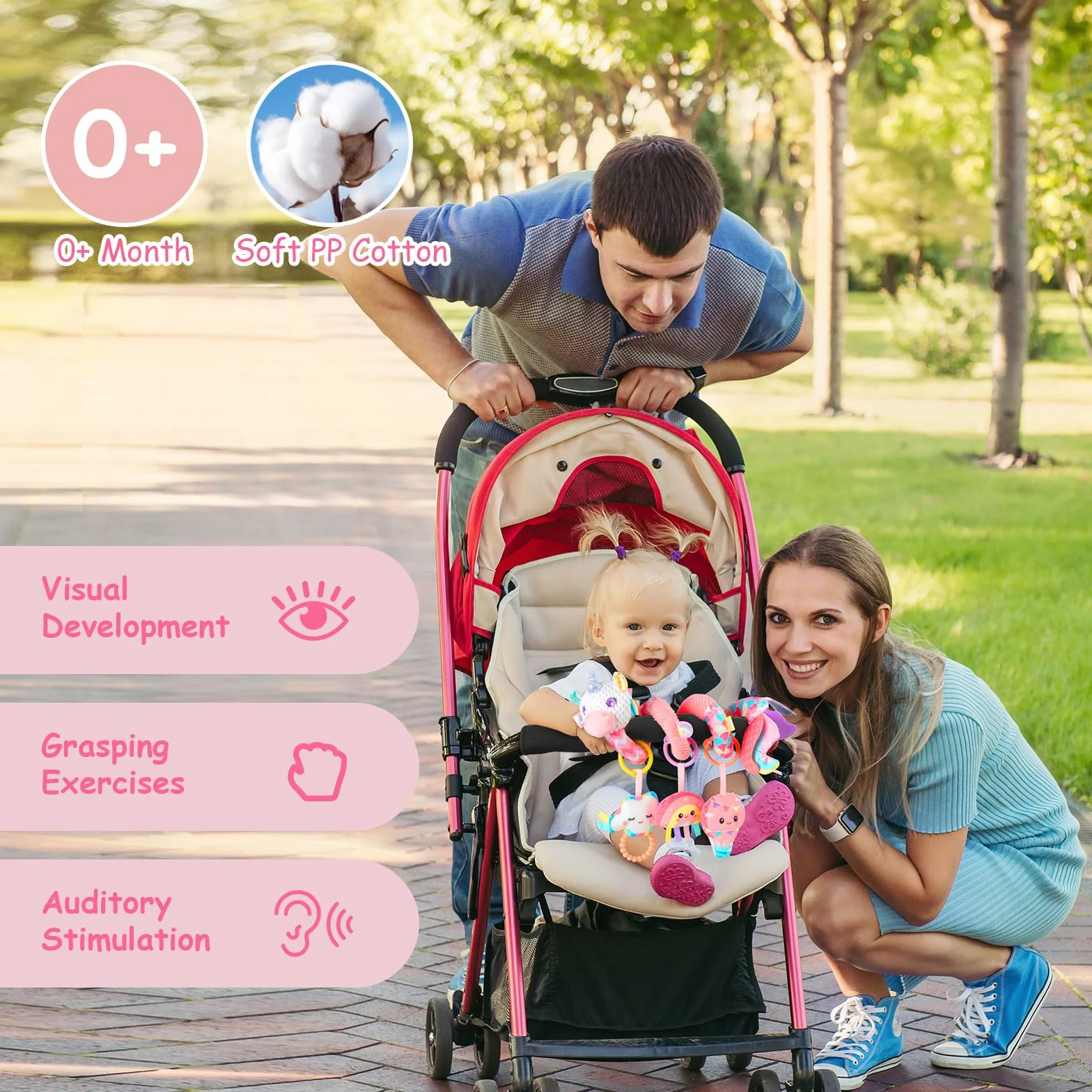 Spirale D'activité Bébé Jouets - Spirale Jouet Poussette Bebe avec Musique, Jouets Eveil Bebe, Jouet Siege Auto pour Garçons et Filles, Bébé Naissance Cadeaux 0 3 6 12 Mois, Rose