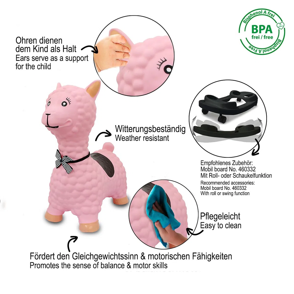 JAMARA 460543 Lama Jouet Sauteur avec Pompe, sans BPA, jusqu'à 50 kg, favorise Le Sens de l'équilibre et la motricité, Robuste et résistant, Facile d'entretien