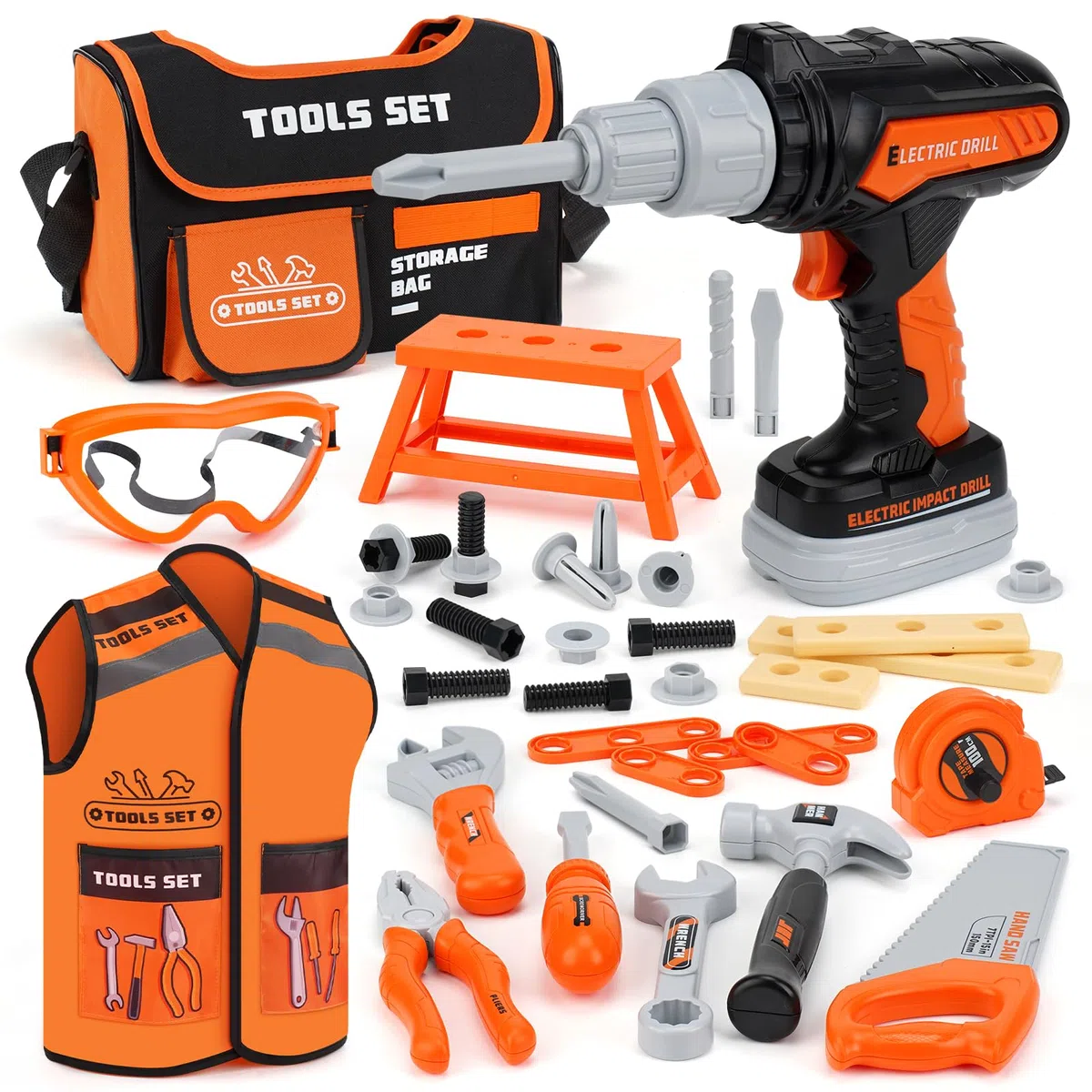 Vanplay Jouet Enfant 3 Ans Boîtes à Outils avec Perceuse Électrique, 43 Pièces avec Sac à Outils & Gilet, Cadeau Enfant 3 4 5 6 Ans