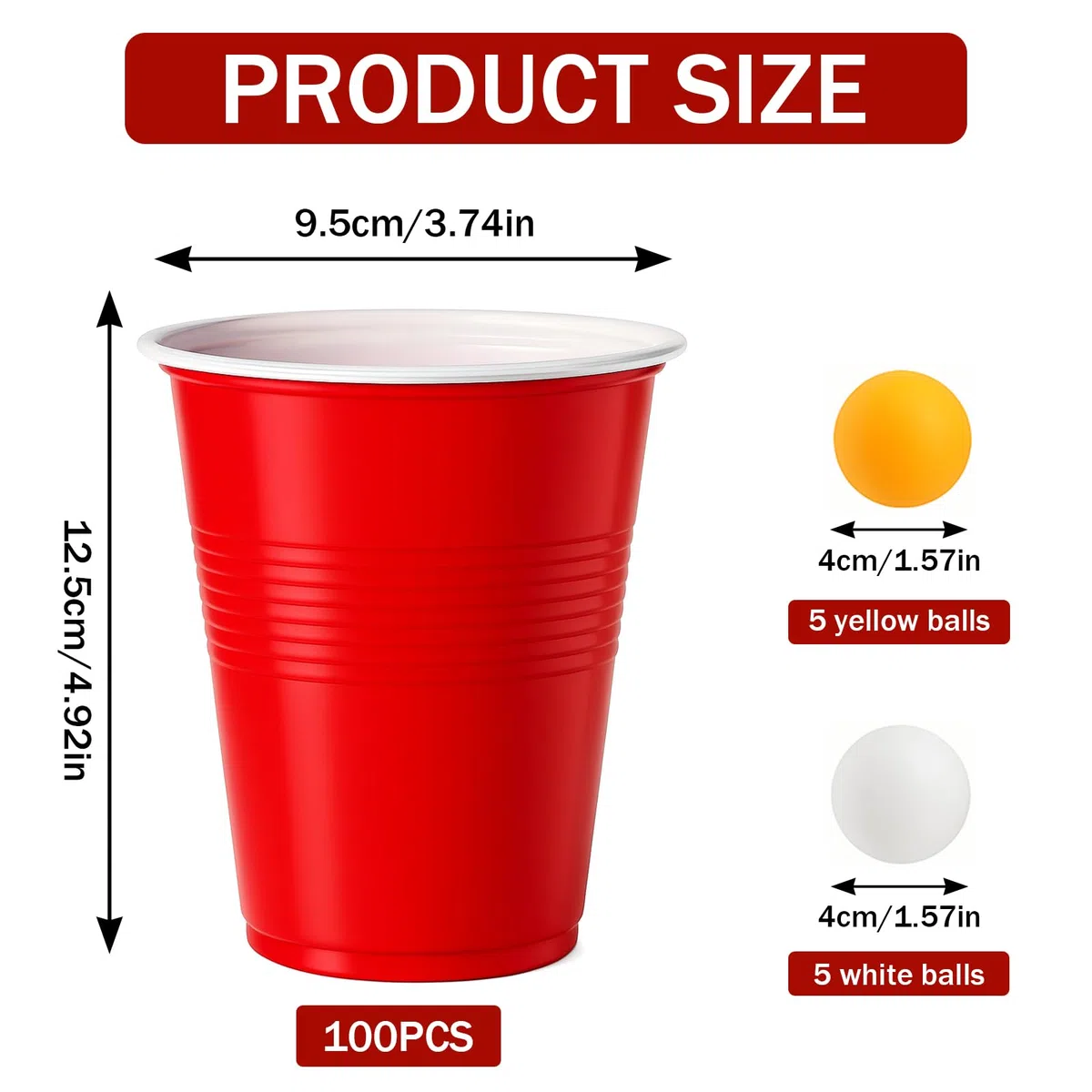 Gobelet Plastique Reutilisable, 100 Gobelets de Fête und 10 Balle Ping Pong, 500ml Verre Boisson pour Anniversaires, Fêtes, Mariages, Camping