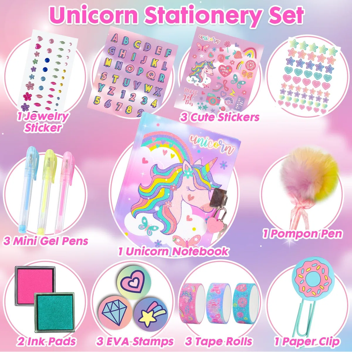 Journal intime licorne pour filles avec serrure et clés, ensemble de papeterie licorne avec agenda, timbres, autocollants, stylos, journal licorne cadeau d'anniversaire pour filles de 4 à 12 ans