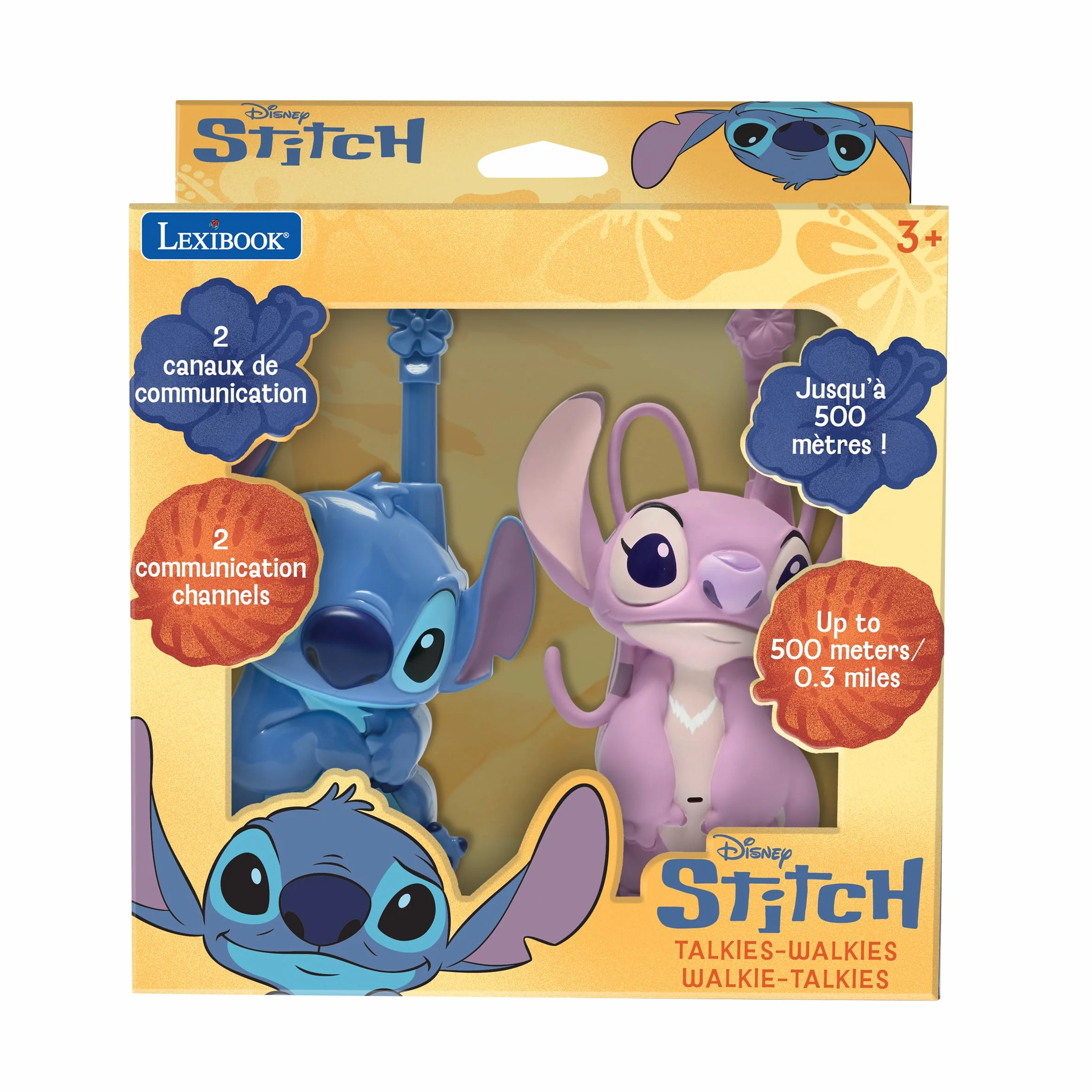 Lexibook, Disney Stitch, Talkies-Walkies 3D Stitch et Angel, Portée 500m, 2 canaux de Communication, Clip Ceinture, Bleu/Rose, TW18D1