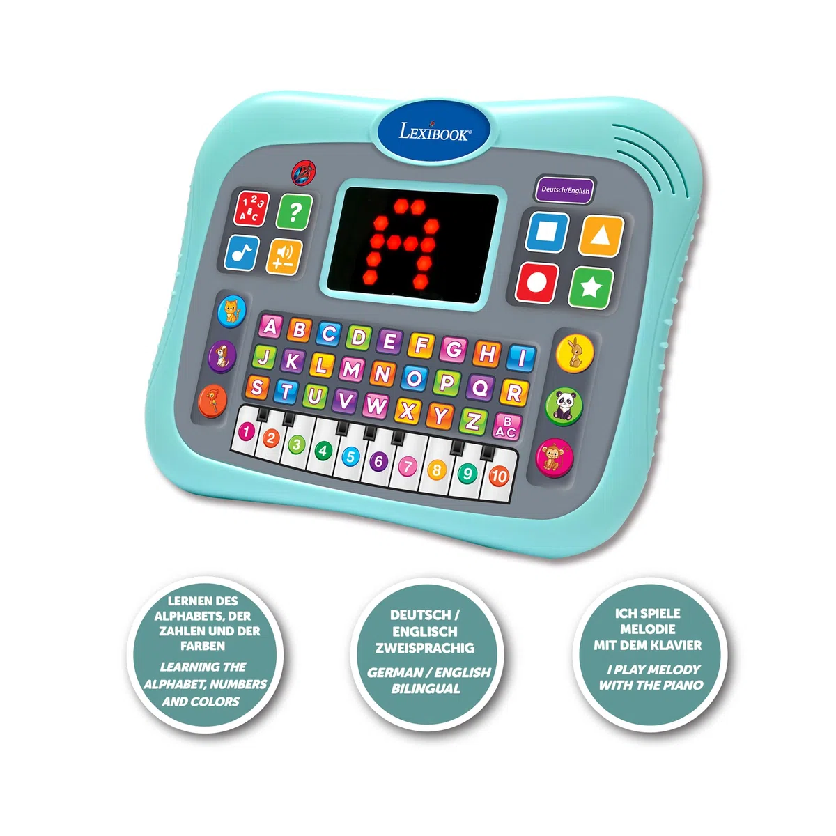 Lexibook, Tablette éducative bilingue Anglais/Allemand Tablette Parlante avec Ecran pour Apprendre l'alphabet, Les Chiffres et Les Animaux, Modes Piano et Quiz Interactifs, Bleu, JCPAD007i3