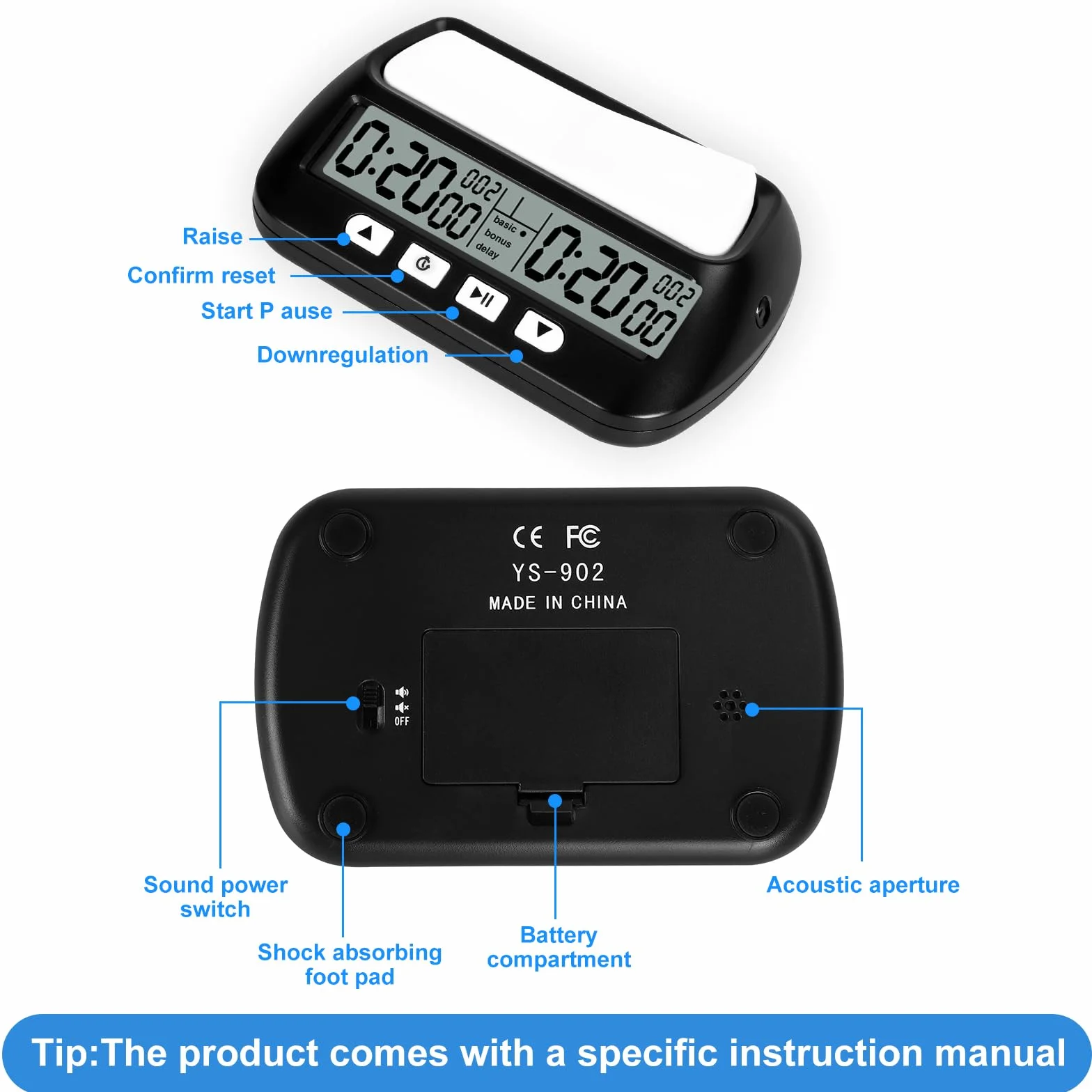 USHOP Horloge d'échecs Professionnelle​​,Minuteur d'échecs numérique Multifonction​​ – Compte à rebours/Bonus/délai,Commandes à 4 Boutons​​,​​Design compétition​​ pour Tournois et Jeux de société