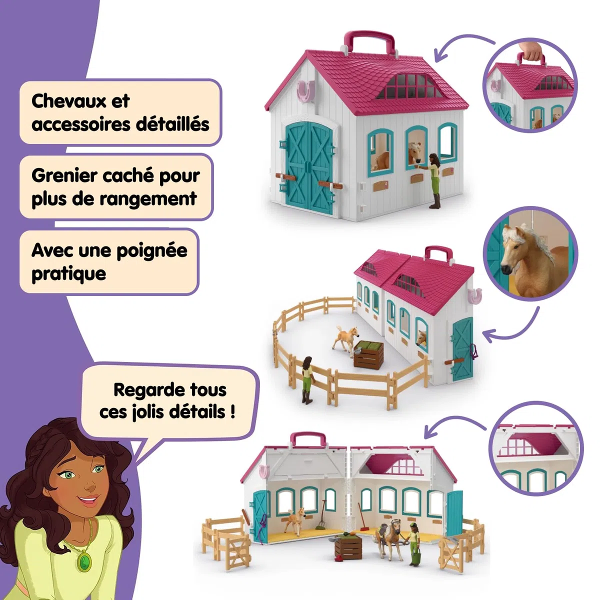 Schleich Horse Club | Écurie transportable “Petit Fer à Cheval” 42703 | Set avec écurie, 2 Chevaux, Figurine Mobile & Accessoires pour Enfants | Jouet dès 5 Ans | 60 pièces