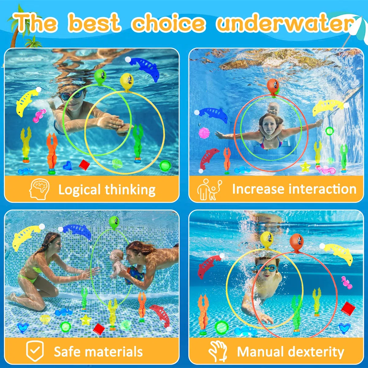 27pcs Jouets de Plongée,Jeux Piscine Enfant,Jouet sous Eau Été Jeux inclure 3 Anneaux de Plongée,Dauphin,Sac de Rangement,Algues,Jeu Piscine Cadeaux Garçon Fille 5-12 Ans Jeux sous Marins