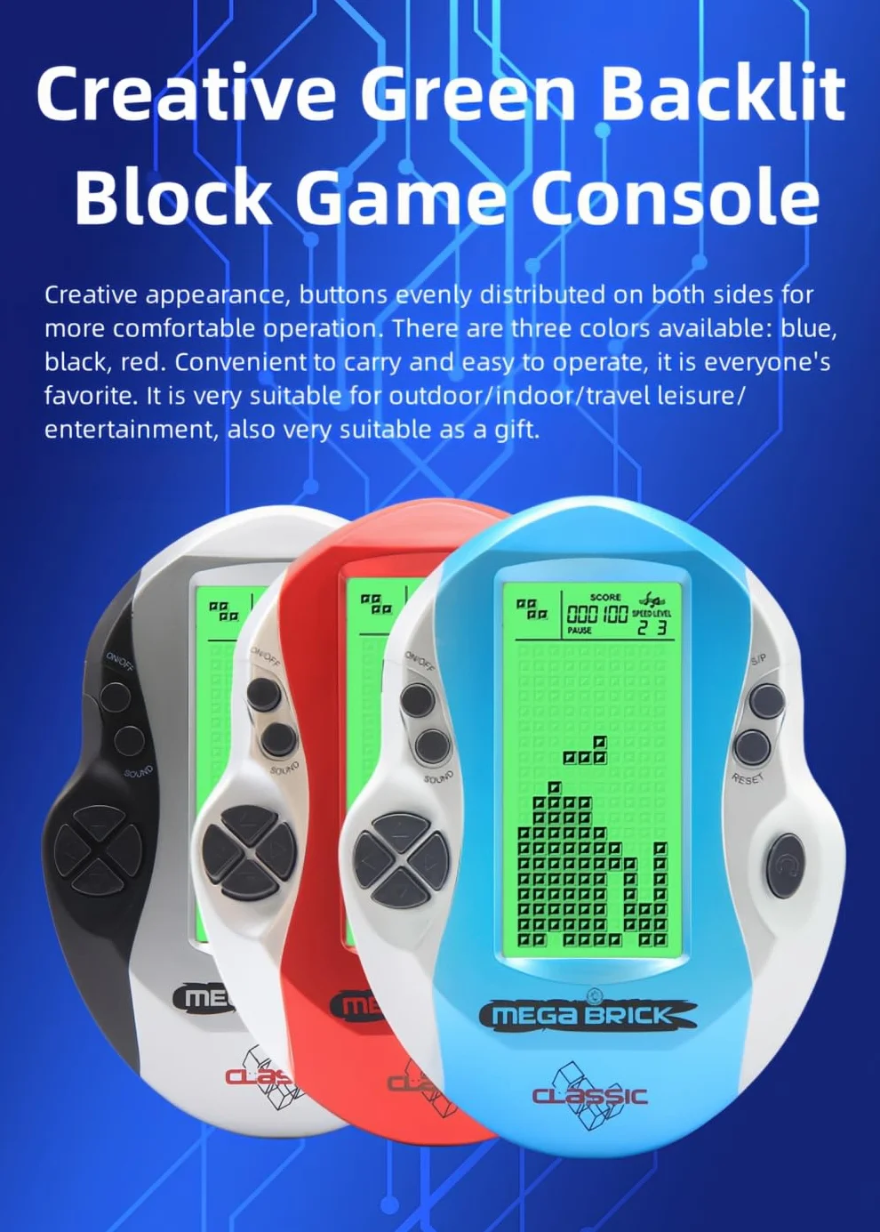 Créatif Bloquer la Console de Jeu Rétroéclairage Vert réglable 26 Jeux de Briques Jeu électronique pour Enfants Rétro Machine de Jeu Portable Jouets Cadeaux pour Enfants/Festivals (Red)