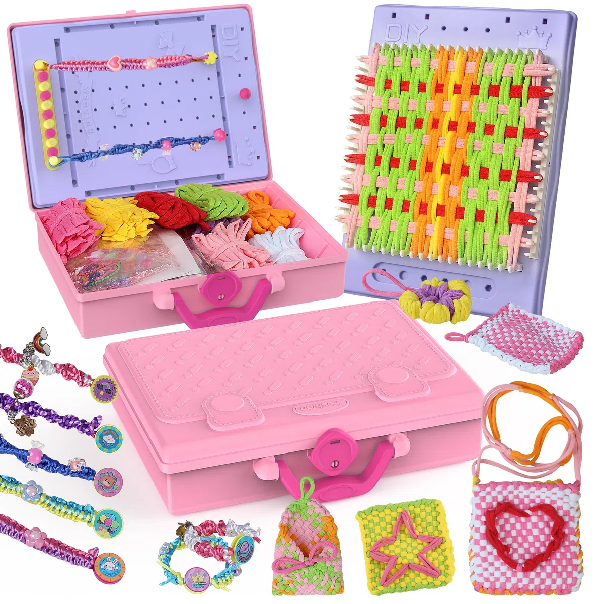 Kit de tissage 3 en 1 400 pièces + kit de fabrication de bracelets d'amitié, jouets avec boîte de rangement, boucles d'art et d'artisanat pour adultes, cadeaux pour enfants de 5, 6, 7, 8 à 12 ans, 13