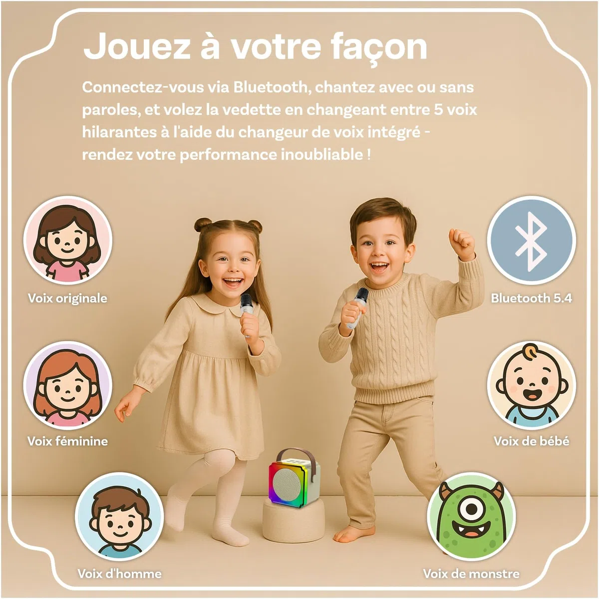 Machine à Karaoké avec 2 Microphone sans Fil pour Enfants par MMOBIEL – Enceinte Bluetooth Portable, 2 Microphone, Effets de Voix, Lumière LED – Micro Karaoke, Cadeau Fille, Garcon, Enfants 3+, Beige