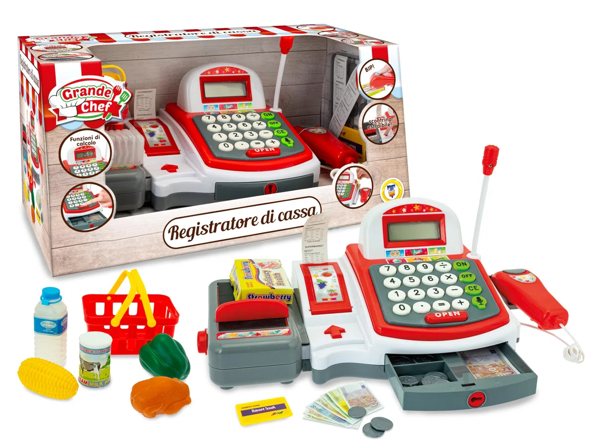 Teorema Giocattoli, Caisse Jouet pour Enfants, enregistreur de Caisse Jouet avec Scanner, lumières et Sons, Calculatrice Vera, reçu extractible et Accessoires supermarché Inclus