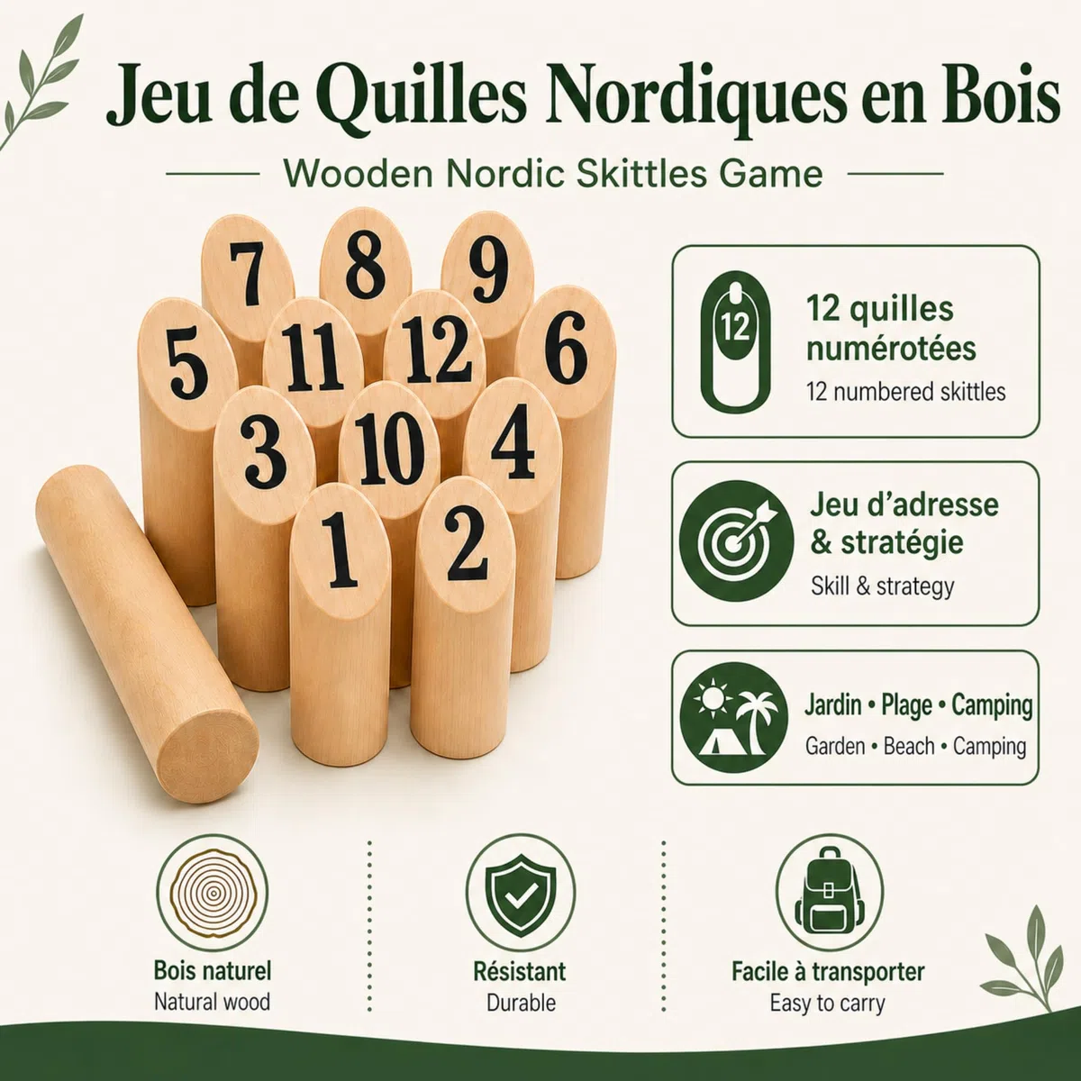 GRENADINE BOUTIQUE Jeu de Quilles Nordiques en Bois – Jeu Exterieur – Famille Adresse Strategie Jardin Plage Camping – Jeu en Bois Naturel – Kubb Bois – Enfants Adultes - Lot 12 Quilles