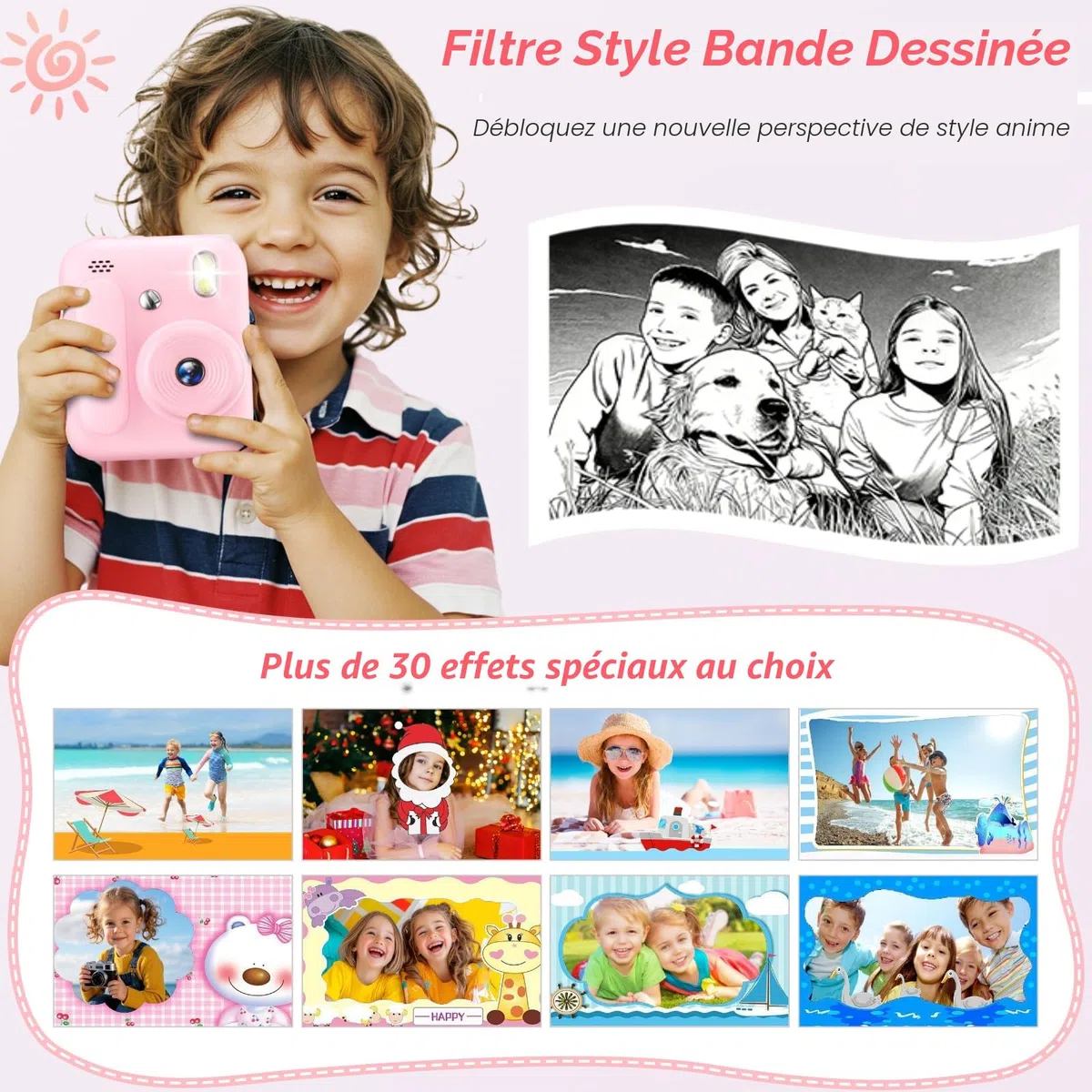 Appareil Photo Instantané Enfants,1080P Appareil Photo Enfant avec 5 Rouleaux de Papier,Carte 32GB et Stylos de Couleur,Appareil Photo Numérique Portable pour Garçons et Filles de 3-14 Ans (Rose)