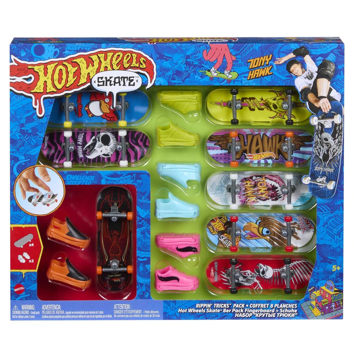 Hot Wheels Skate Fingerskate Tony Hawk Pack avec 8 fingerboards montés et 4 paires de chaussures pour doigts, pack exclusif, Jouet Enfant, Dès 5 ans, HMY19