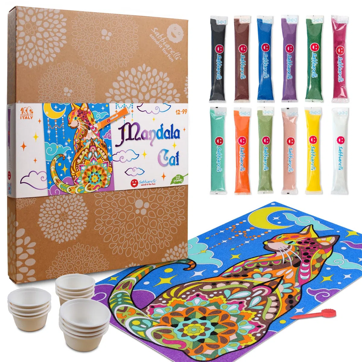 Sabbiarelli Sand-it For Fun – Maxi Set Mandala Chat 12-99 | Kit de Sand Art 100% Made in Italy avec Sable Coloré, 1 Poster Adhésif et Accessoires | Hobby Créatif Relaxant
