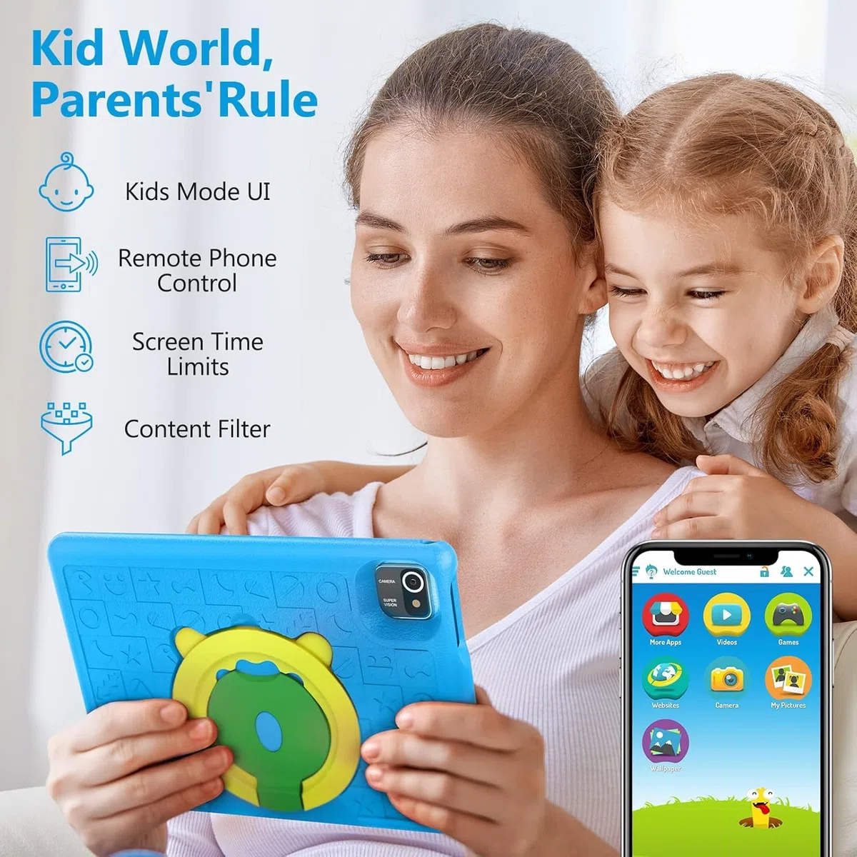 Freeski Tablette Enfants, 10 Pouces Android 13 Tablettes 1280x800 IPS, 5000mAh Quad Core, 6Go+64G0+128Go, WiFi, Bluetooth, Double Caméra Tablette pour Enfant, Blu