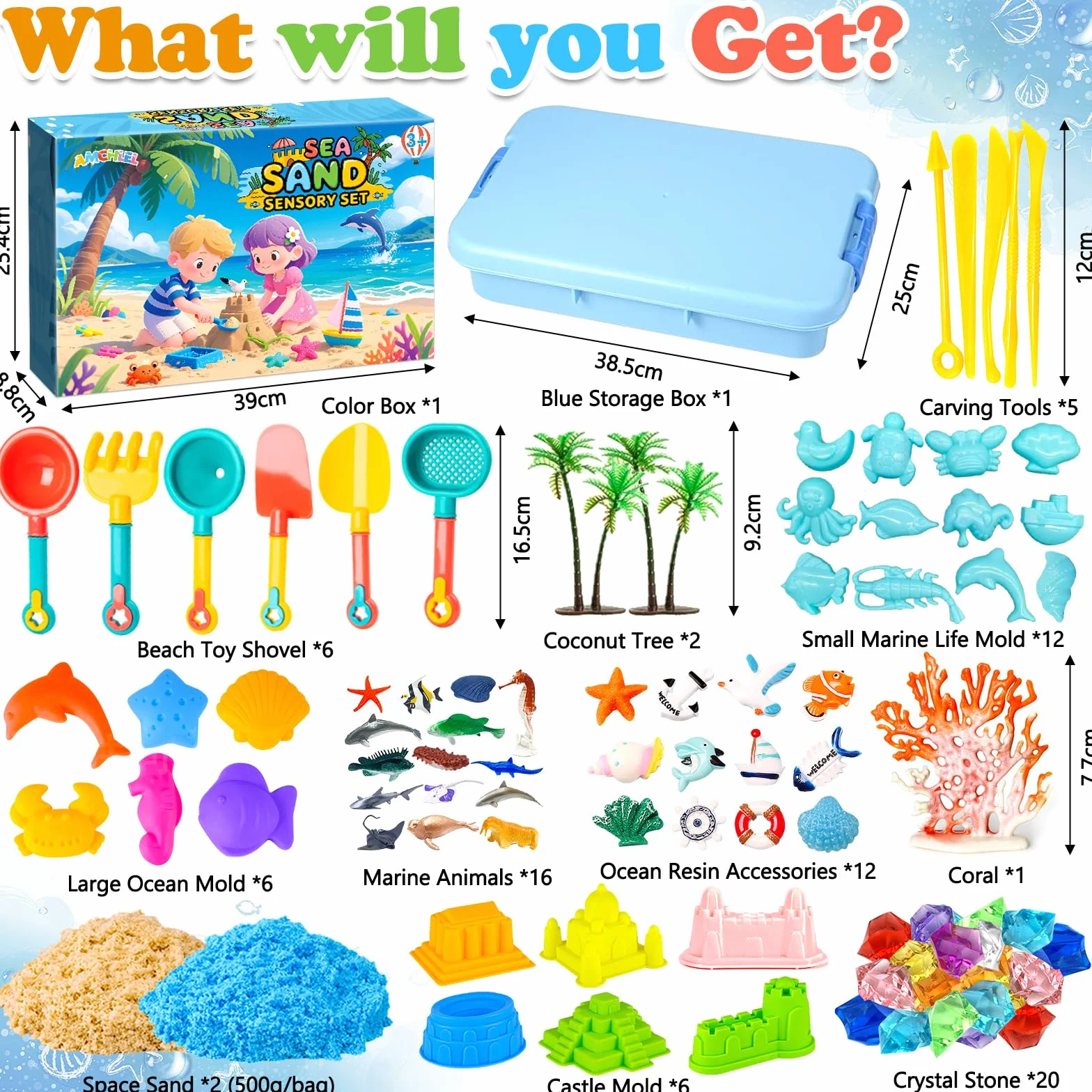 AMCHLEL Sable Magique, Jouets Sensoriels Enfant, Magic Sand avec Moule à Sable et Des Jouets Océaniques, Bac a Sable avec Couvercle, Sable Magique Enfant pour 3+Ans Garçon Fille