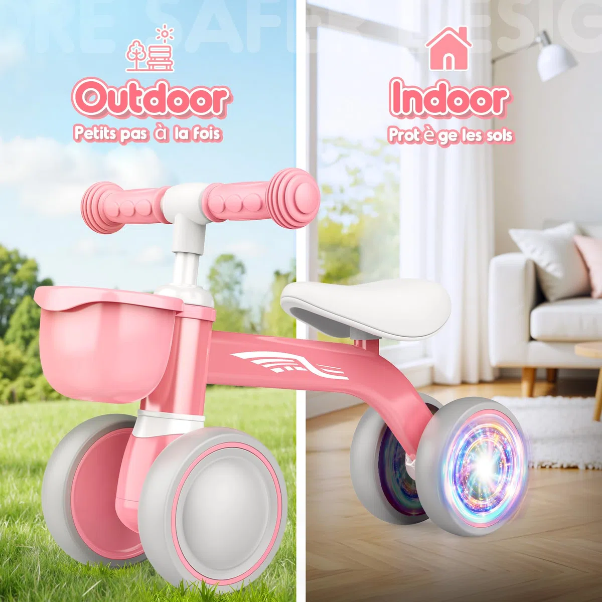 HappyGoLucky Draisienne Bebe 1 2 Ans, Jouet Enfant pour 12-24 Mois, Roues Colorées, Ultra-léger, Vélo avec Panier, Draisienne Jouet Fille 1 2 Ans, Cadeau pour 12-24 Mois, Cadeaux de Noël Enfant