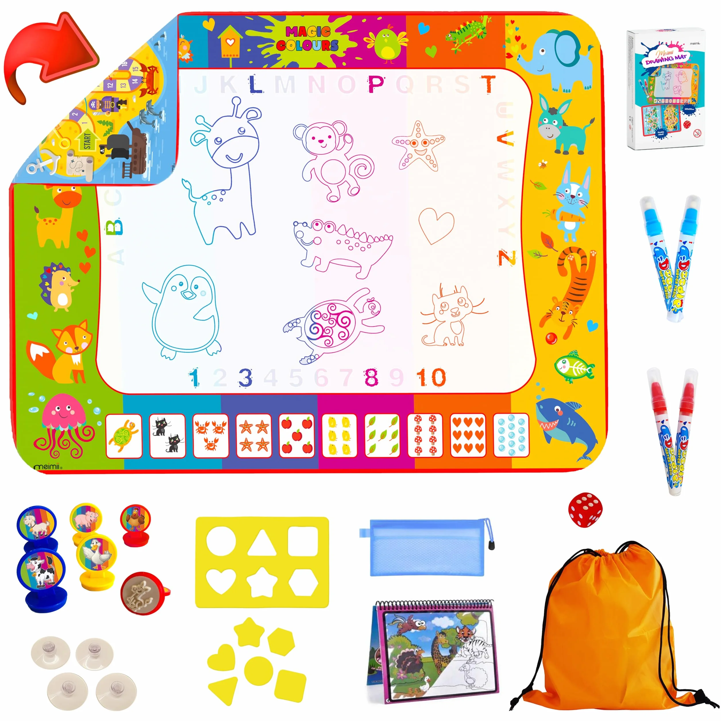Tapis Magique Double Face 120x90cm Avec Accessoires, jeux éducatifs, tapis de dessin à eau, jouets pour enfants 2 3 4 5 ans Idée cadeau, Design déposé, Doodle, Aqua
