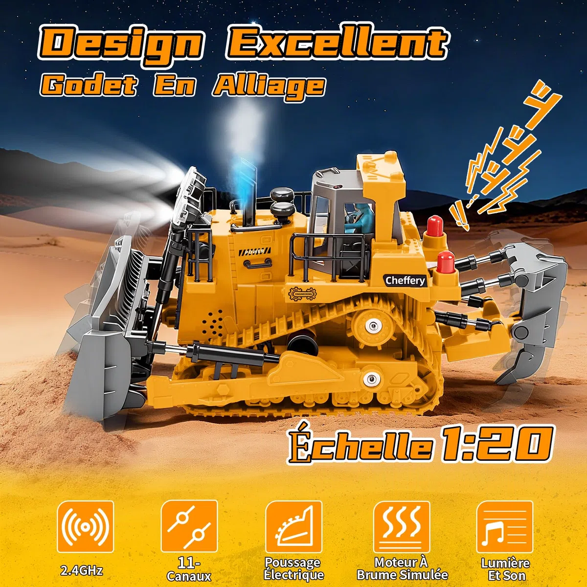 Bulldozer Télécommandé, 1:20 RC Bulldozer à 11 canaux, Jouet de Construction RC avec Lumières et Sonores, 2.4GHz Cadeau de Jouet Bulldozers pour Les Enfants Garçons Filles âgés de 4 à 12 Ans