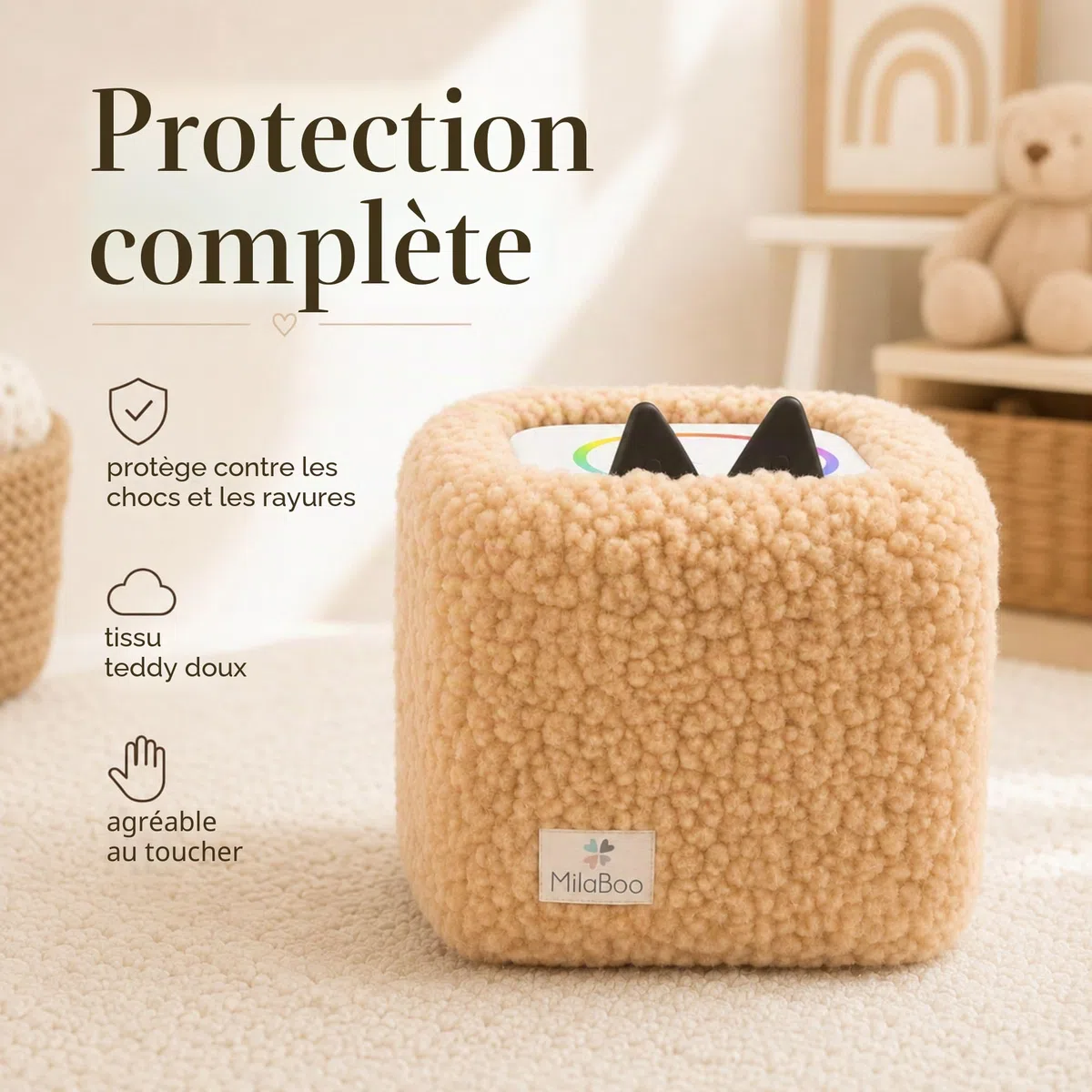 Milaboo Housse en peluche de qualité supérieure pour Toniebox 1 et 2, fabriquée à la main en Allemagne, avec tissu en peluche doux, housse de protection et manipulation facile (beige)