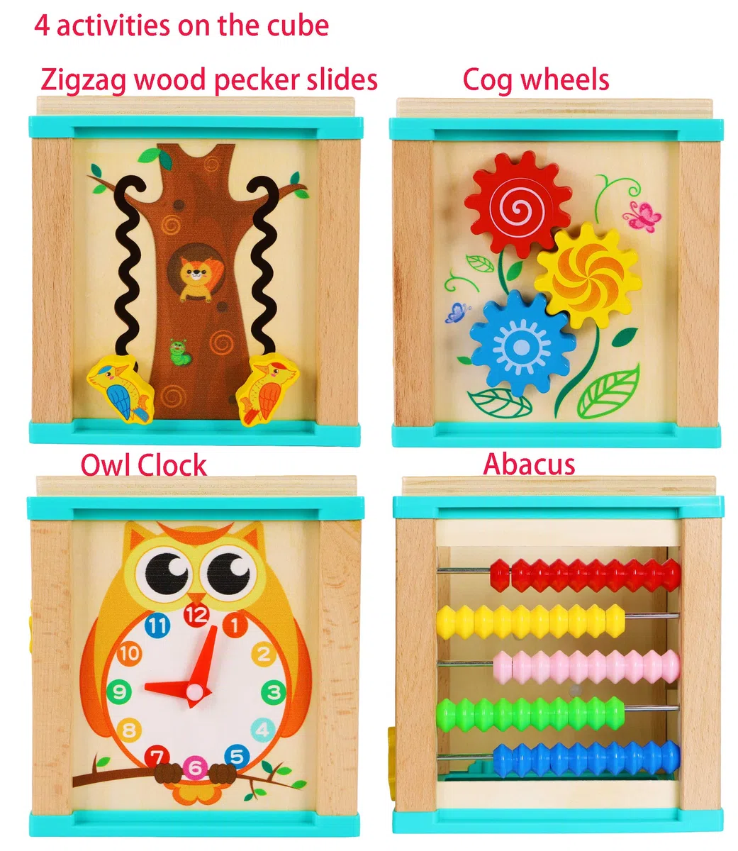 TOWO Labyrinthe de Perles Cube d'activité en Bois-5 activités montagnes russes boulier roues dentées engrenages horloge zig zag toboggan-jouets éducatifs précoces pour bébé 1 an Montessori