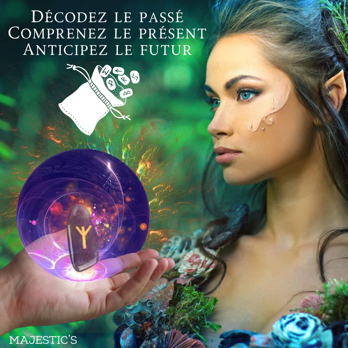 Runes Divinatoires VIKINGS - Pack de 25 Runes en Pierres Naturelles d’Oeil de Tigre Gravées (2 cm x 1 cm) + Sac Noir + Ebook Pratique (PDF) - Alphabet Runique Futhark parfait pour Divination, Voyance