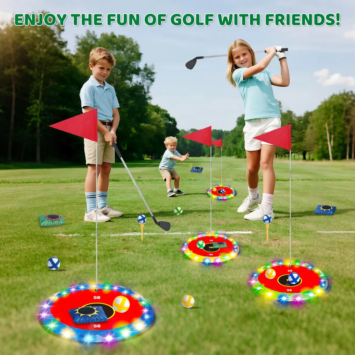 TERRAMUS Kit de golf lumineux 2 en 1 pour enfants, 16 balles, 2 raquettes, 6 cibles éclairées, pour l'intérieur et l'extérieur, cadeau de 3 à 8 ans