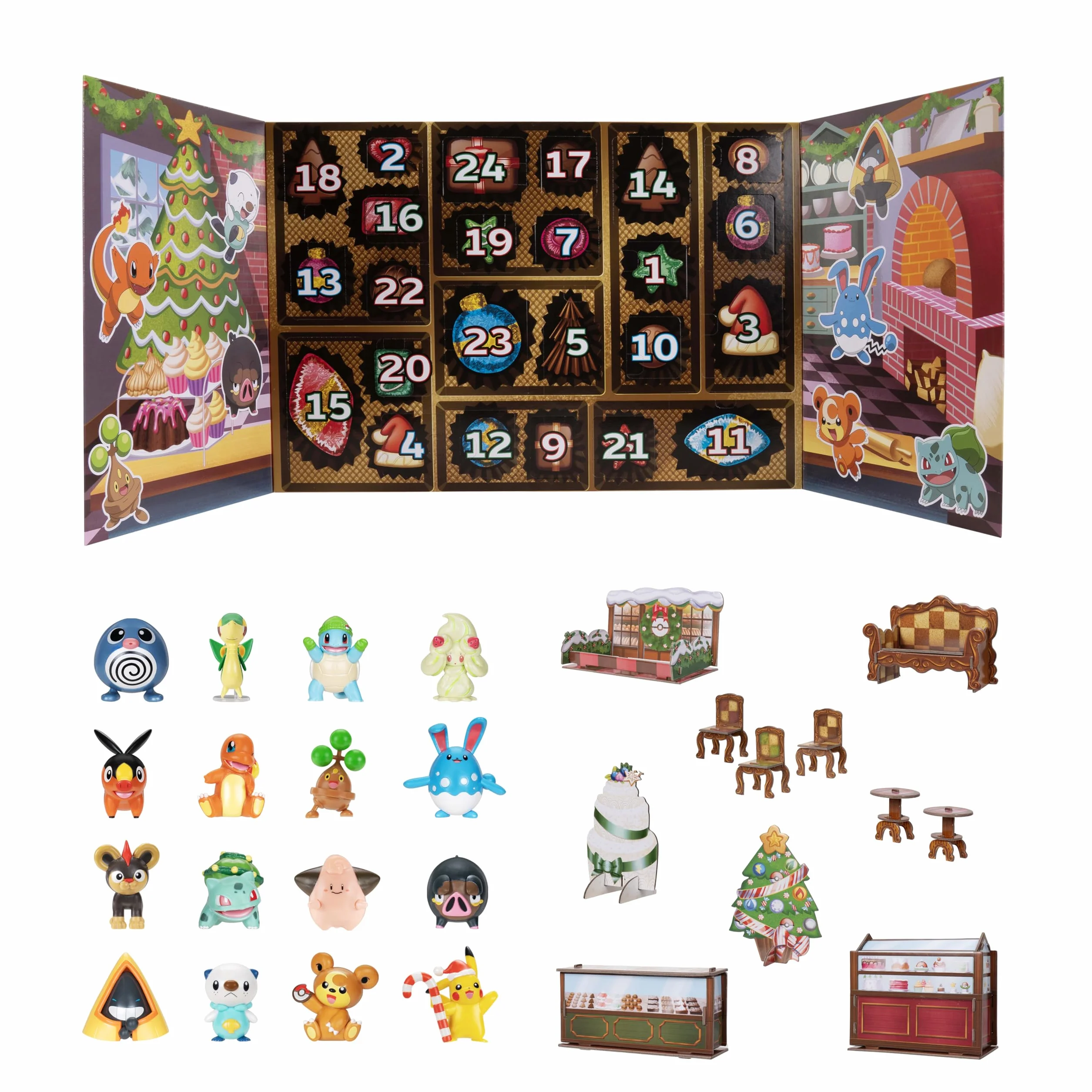 Pokémon Calendrier de l'avent Pokémon 2025 – Comprend 16 figurines de combat de 5 cm avec une finition spéciale et 8 accessoires uniques