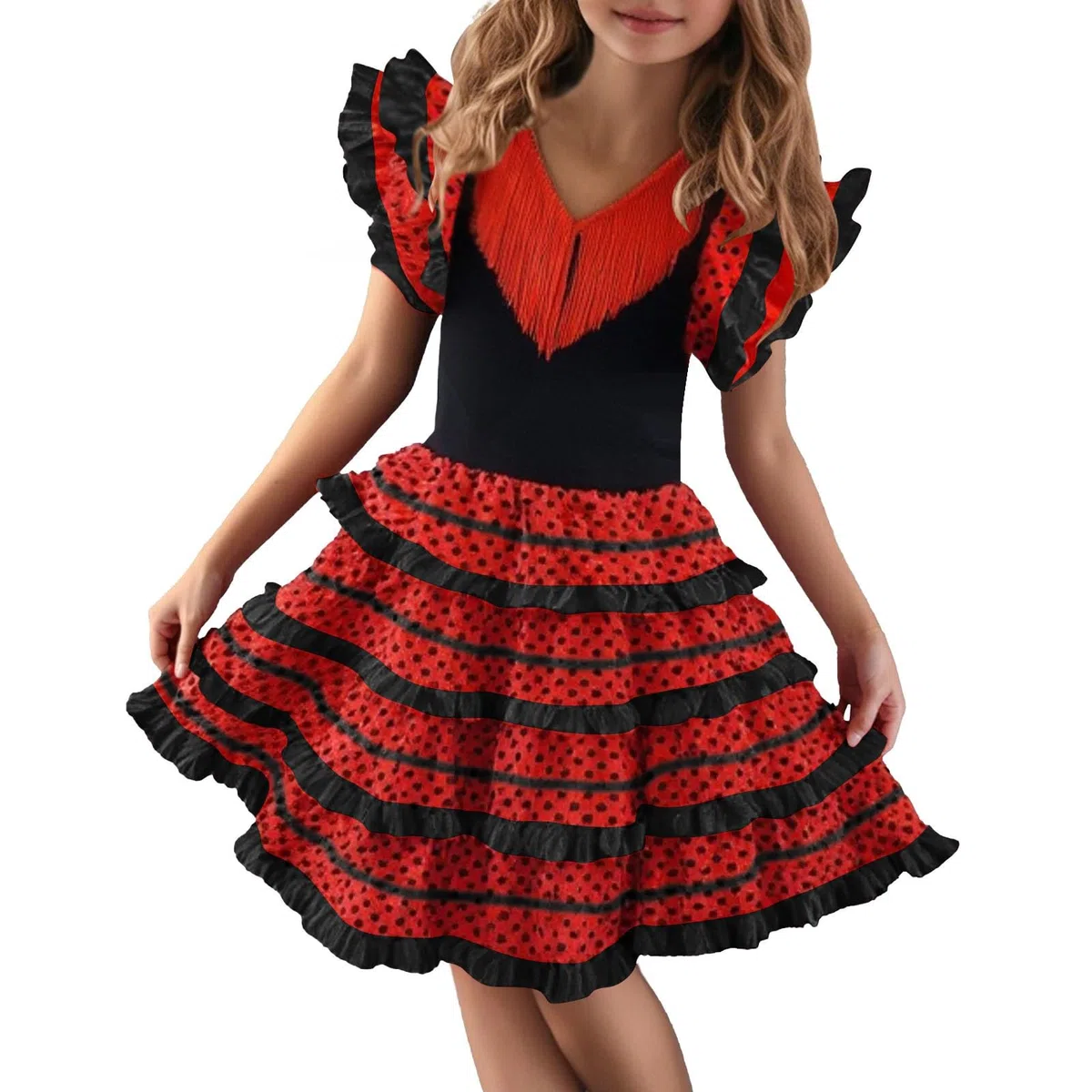 Déguisement de Séville pour Fille Robe Flamande Enfant Volants Pois Costume Andalou Danse Espagnole Costume Traditionnel Flamenco Sévillane, Rouge à Pois pour Fête, Carnaval, Kermès 2-14 Ans