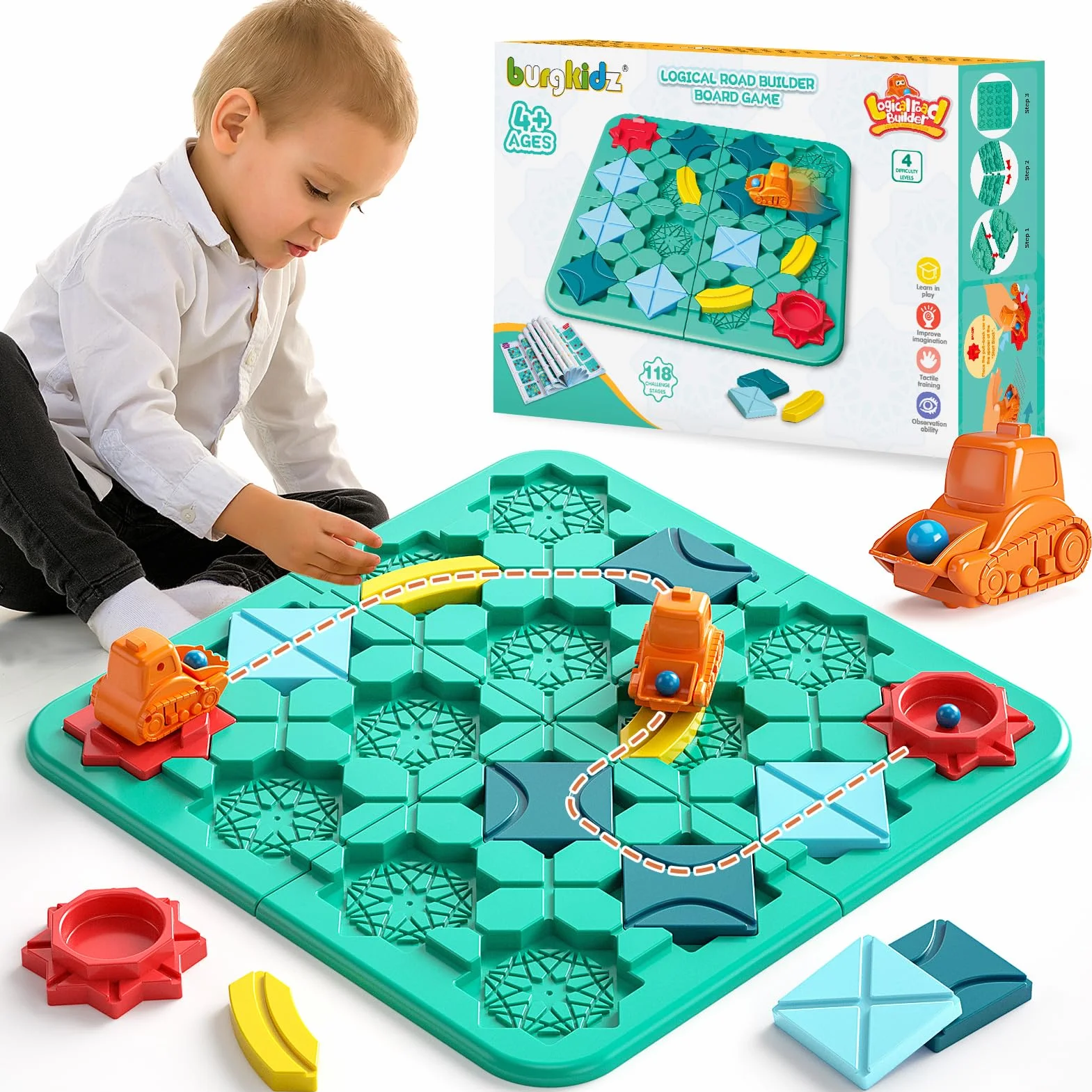 burgkidz Jeu de Construction de Route Logique pour Enfants, Jeux de Société de Piste Voiture de Puzzle avec Boule de Labyrinthe en Marbre, Jouets Cérébraux pour Garçons Filles 4 à 8 Ans
