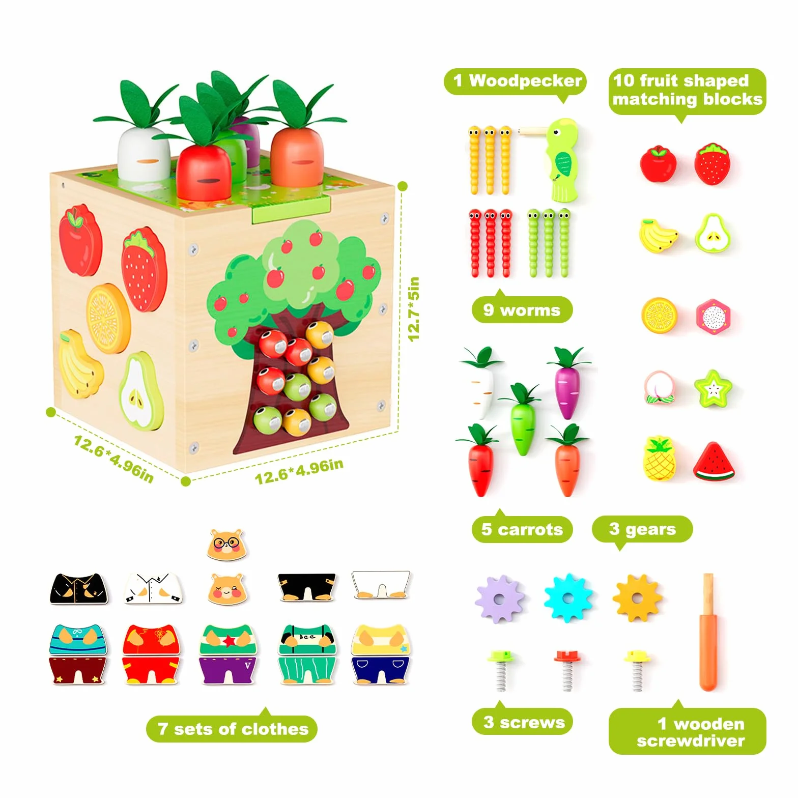 Centre Activité Bébé Multijeux Montessori,Cube d'Activité Bébé,Cube en Bois Comprend la Correspondance des Formes,le Tirage de Carottes,la Capture d'insectes,des Engrenages,Jeux en bois Bébé 1 an.