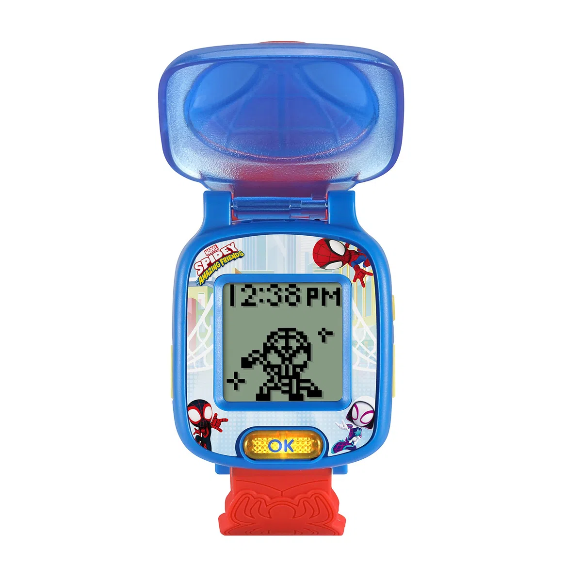 VTech - Disney Junior, La Montre-Jeu Interactive de Spidey, Montre Enfant à Clapet, Écran Animé, Bracelet Souple, 9 Cadrans, 4 Jeux Éducatifs, Cadeau Enfant de 3 Ans à 7 Ans - Contenu en Français