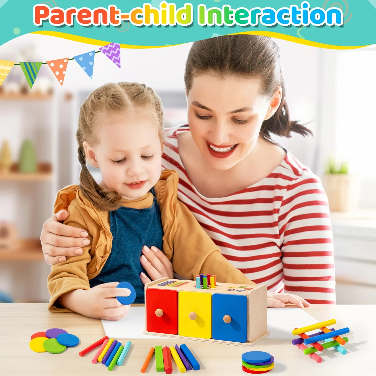 Jeux Montessori 1 2 3 Ans, 3 en 1 Jouet Enfant Bébé 1 2 3 Ans Jeu Educatif en Bois Tiroir Apprendre Les Couleurs Forme, Jouet Montessori Cadeau Fille Garçon 12 3 Ans Anniversaire Pâques Noël