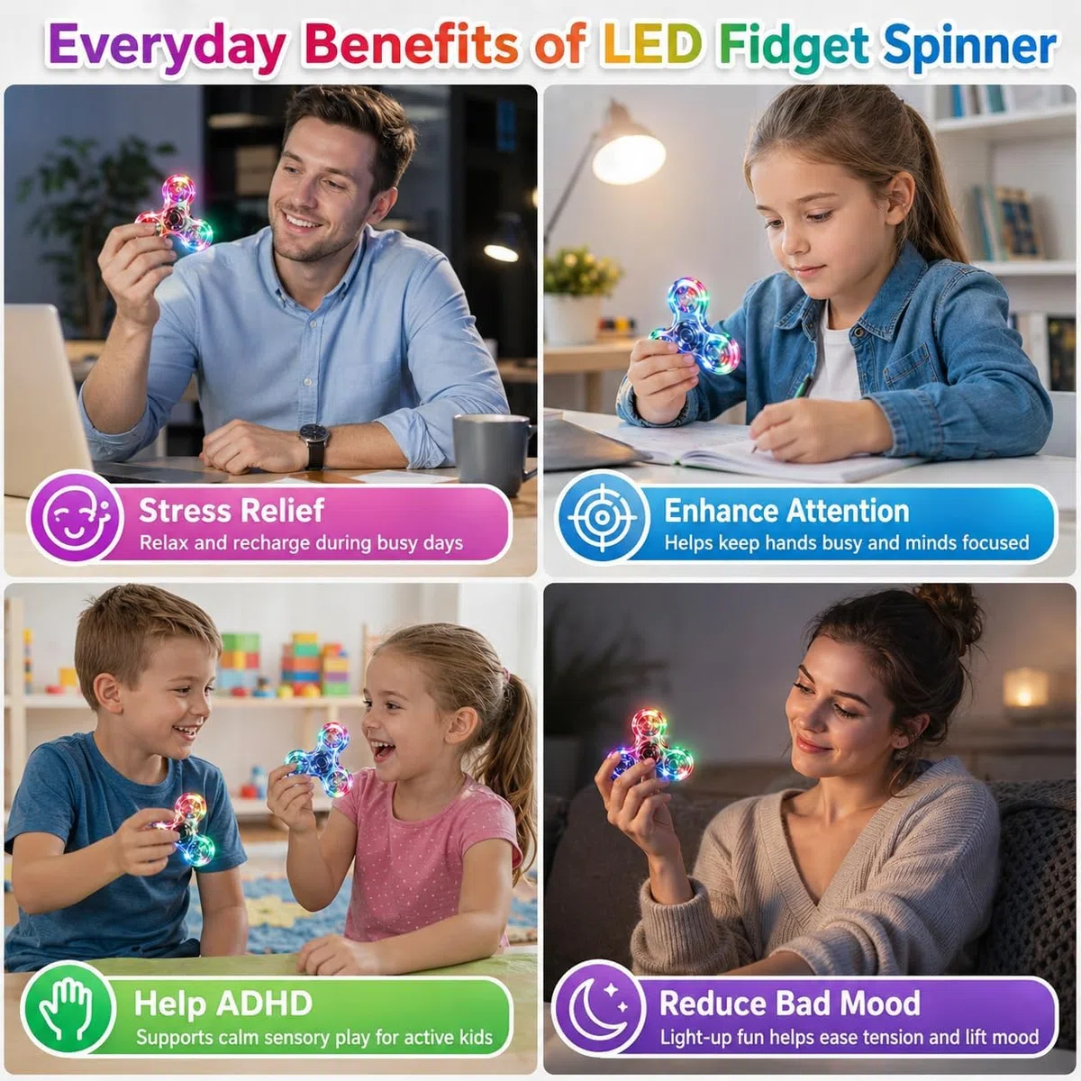 Gigilli Fidget Spinner Lot de 6, Fête de La Saint Valentin Favors LED Fidget Spinner Jouets pour Enfants, Soulagement du Stress Jouets Sensoriels, Sac de Fête de Pâques Remplisseurs Cadeau.