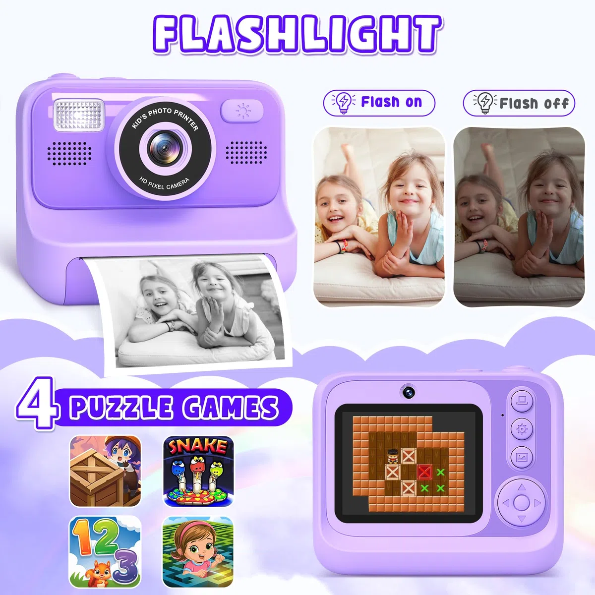 Subtail Appareil Photo Instantané Enfant - 2.4 Écran Appareil Photo Numérique Enfant avec Mode Selfie et Carte 32GB et Papier d'impression - Cadeau Jouet pour Enfant Garçons Filles de 3-12 Ans -Violet