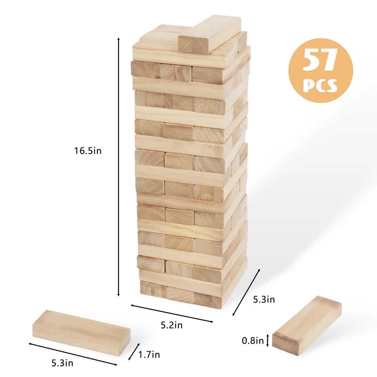 WOODENFUN Tour géante en bois empilable de 0,4 m à 1,2 m, jeux de tour géante, jouets pour enfants, adultes et familles (couleur bois)