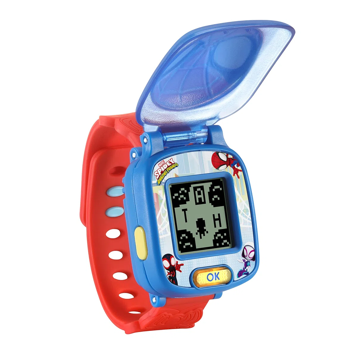 VTech - Disney Junior, La Montre-Jeu Interactive de Spidey, Montre Enfant à Clapet, Écran Animé, Bracelet Souple, 9 Cadrans, 4 Jeux Éducatifs, Cadeau Enfant de 3 Ans à 7 Ans - Contenu en Français