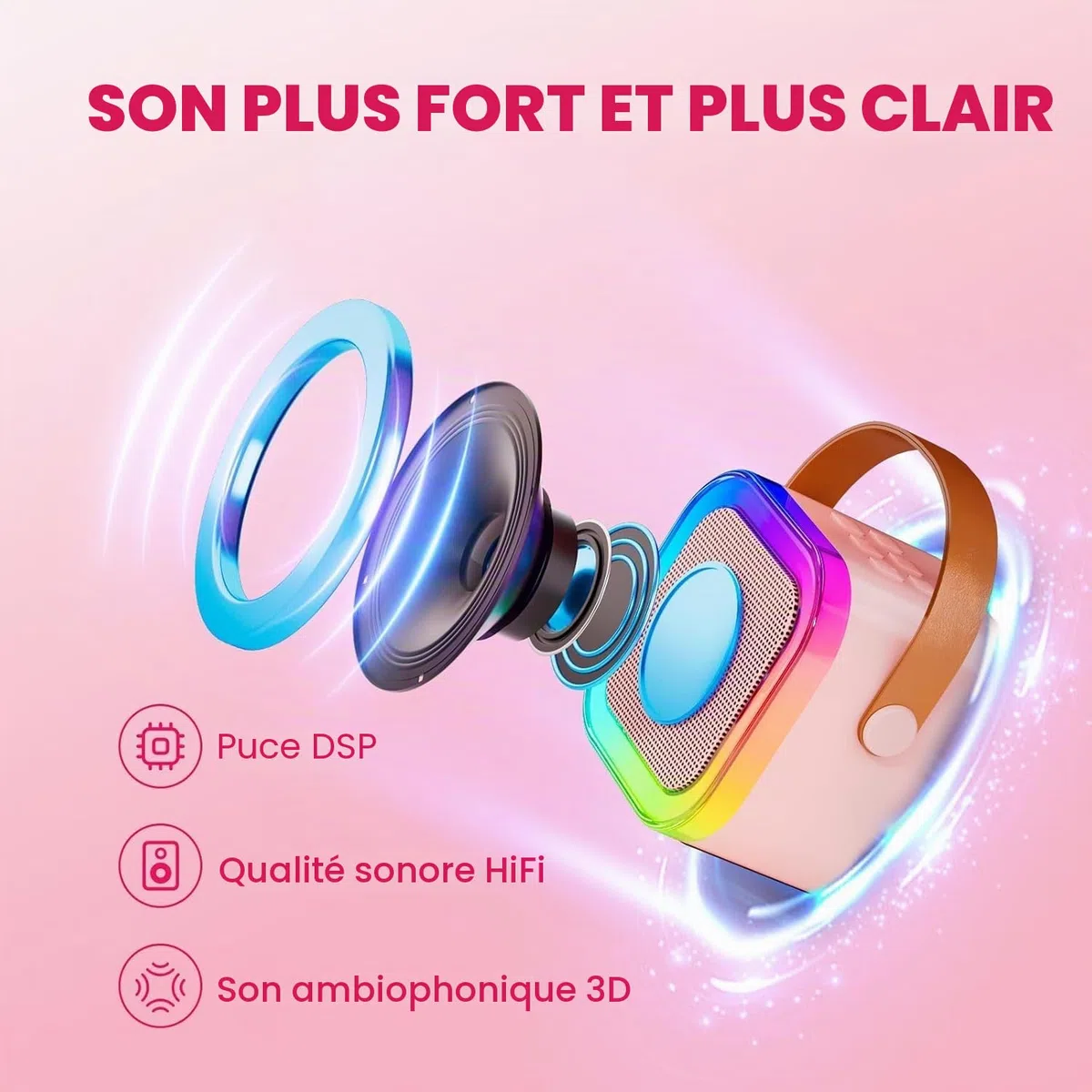 Micro Karaoke Enfant IROO Karaoke Enfant avec 2 Microphones, Microphone pour Filles Cadeaux pour Enfants Enceinte Bluetooth Portable avec Effets de Changeur de Voix et Lumières LED (Rose)