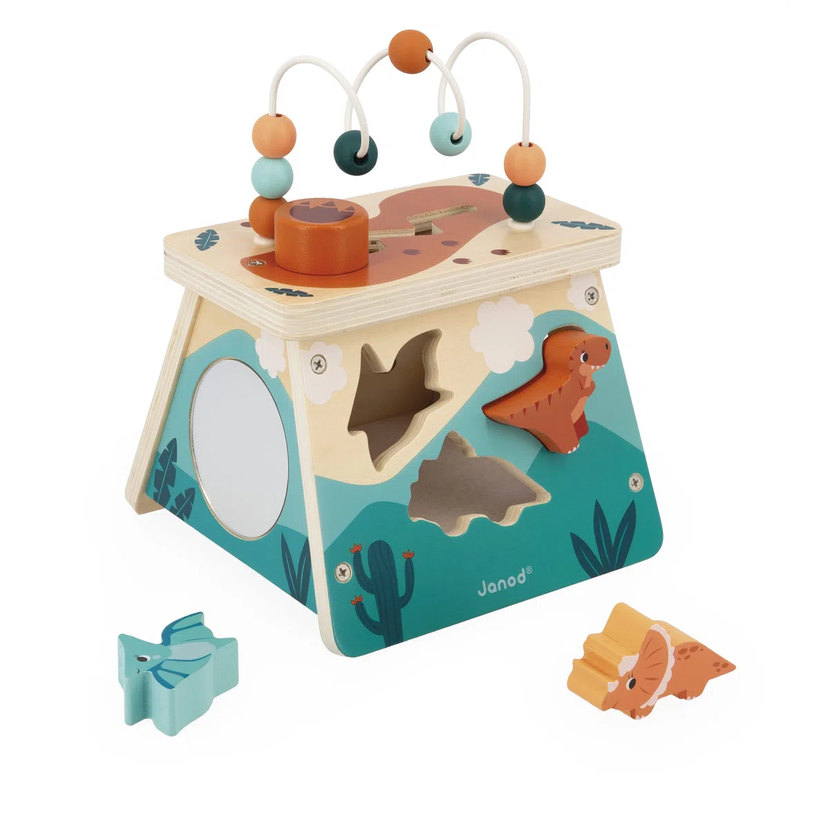 Janod - Volcan Multi Activités - 5 Activités - Jeu d'Éveil Premier Age - Motricité Fine - Jouet Enfant Dinosaure en Bois FSC - Dès 12 Mois, J05827
