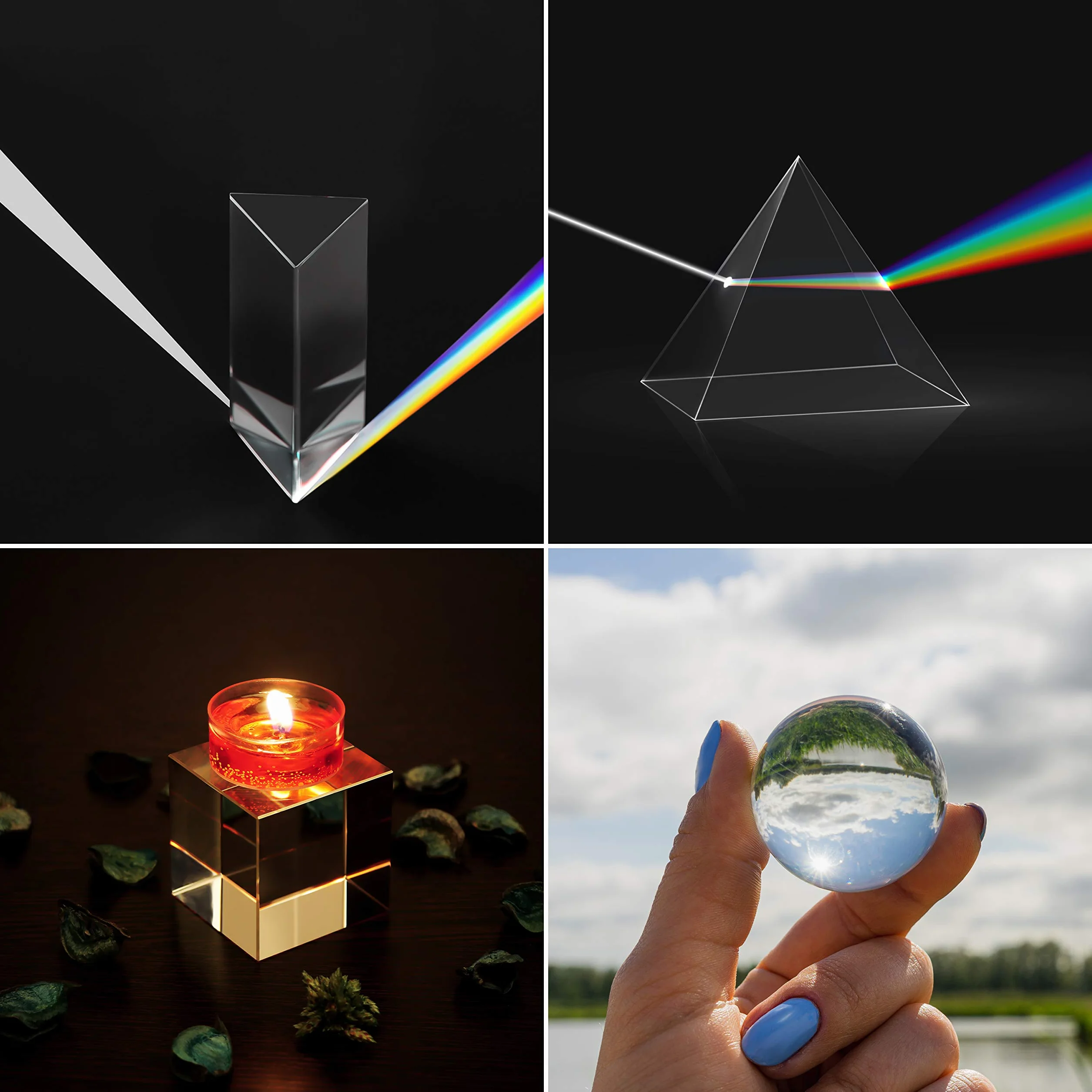 BELLE VOUS Lot de 4 Prisme Photographie Triangle, Sphère, Pyramide, Cube - Prisme Optique avec Pochette Velours, Tissu Microfibre, Boite Cadeau - Prisme Cristal K9 Spectre de Lumière et Effet Photo