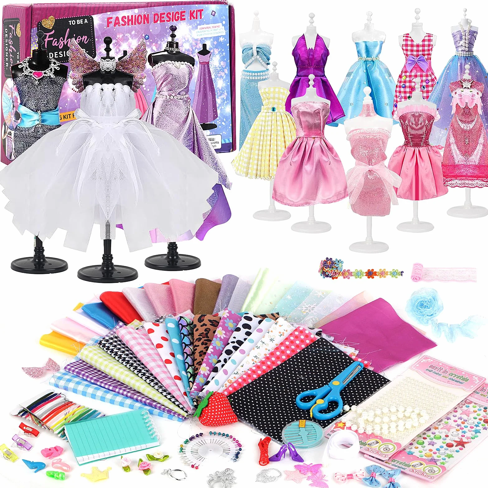 YOCOLE 1000+ Fashion Design Kit, Création de Mode Couture Enfants avec 5 Mannequins, Loisirs Créatifs Activites Manuelles avec Carnet de Croquis, Cadeau D'anniversaire Fille 6 7 8 9 10 11 12 Ans