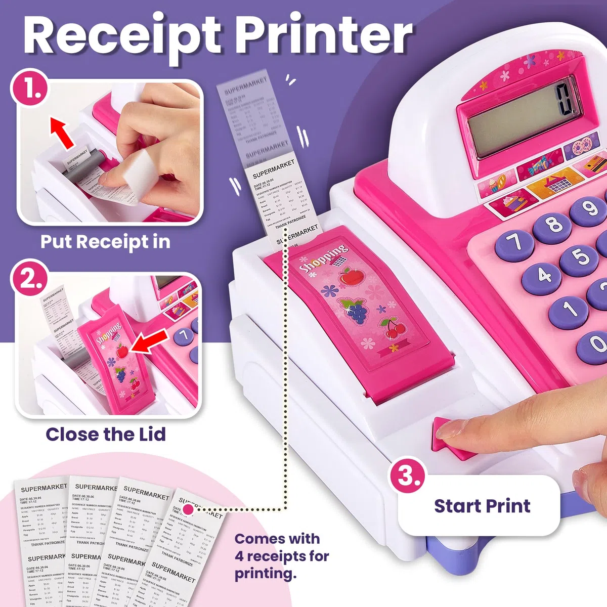 Buyger Grande Caisse Enregistreuse Enfants de 3+ Ans, Imprimante Automatique de Reçus et Scanner, Accessoires de Jouets Alimentaires Marchands, Jeux de Rôle, Cadeaux Éducatifs pour Garçons Filles