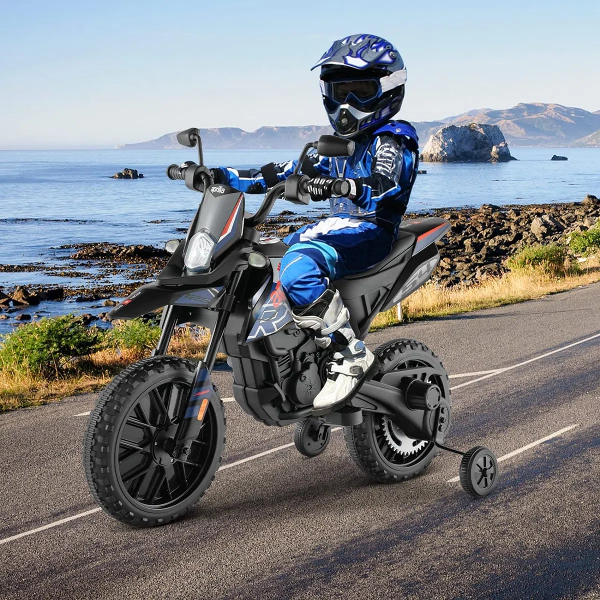 FANTASK Aprilia Moto électrique pour Enfant de 3 à 8 Ans 12 V 5,5 à 6 km/h avec Roues stabilisatrices, Musique et phares, Moto Bleue et Noire