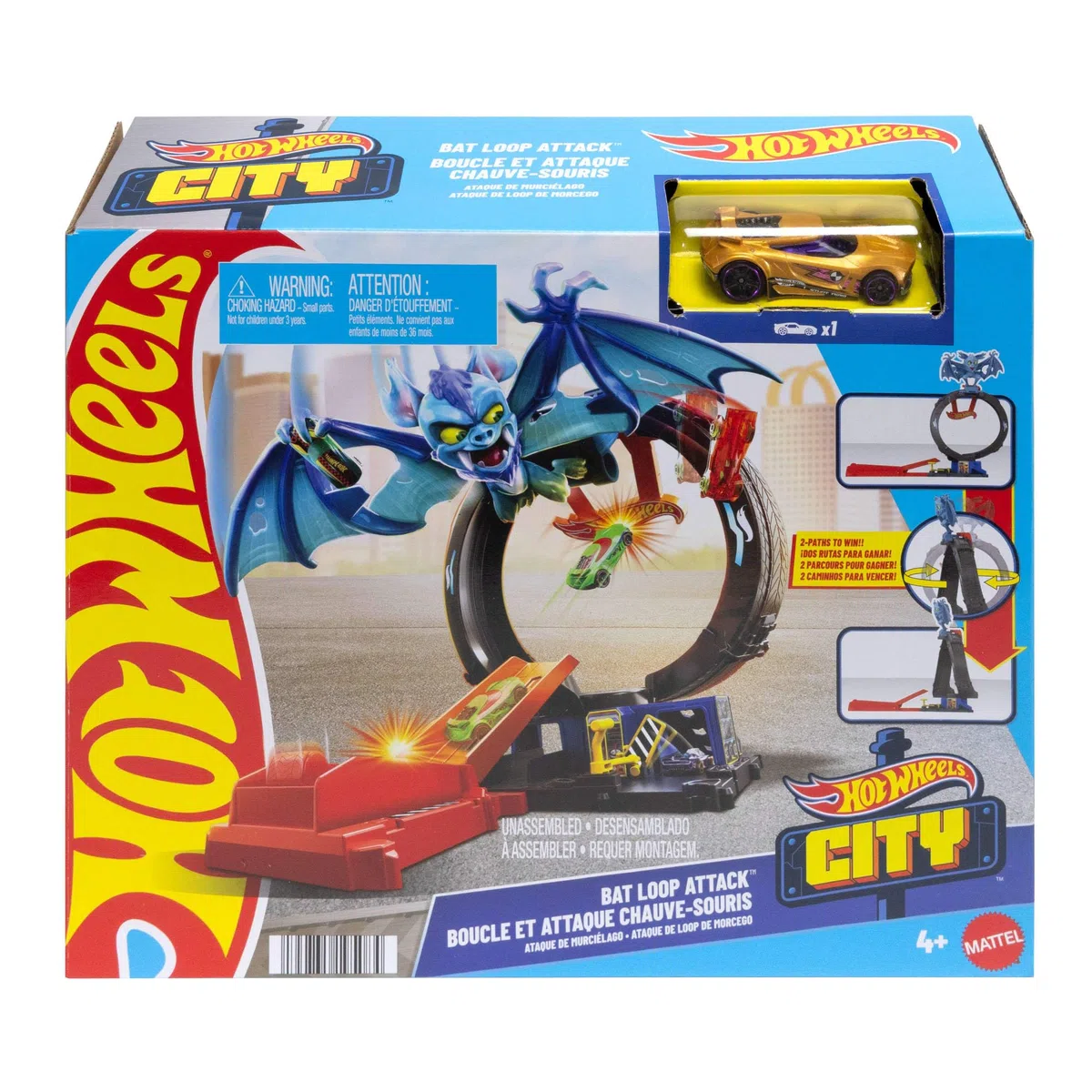 Hot Wheels Let’s Race Netflix - Coffret Circuit City Looping Et Attaque Chauve-Souris avec Voiture Et Piste, 3 Modes De Jeu, Looping Réglable Et Lanceur, Jouet Enfant, A Partir De 4 Ans, HTN78