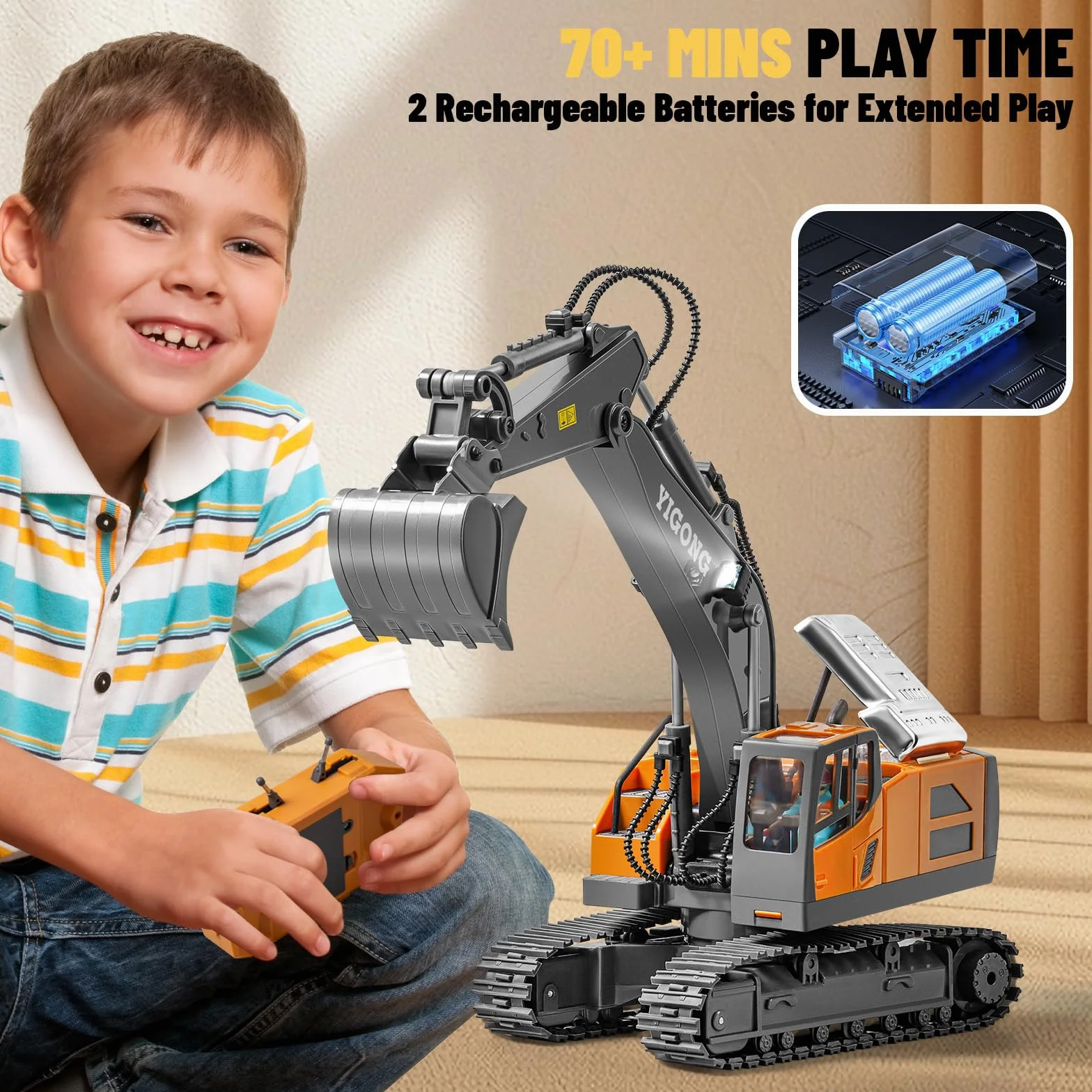 Excavateur Télécommandé pour Enfants,Excavateur Rechargeable avec Pelle en Métal,Excavateur Hydraulique Rc avec Lumières et Sons,Jouet de Creusage pour Garçons de 4-14 Ans