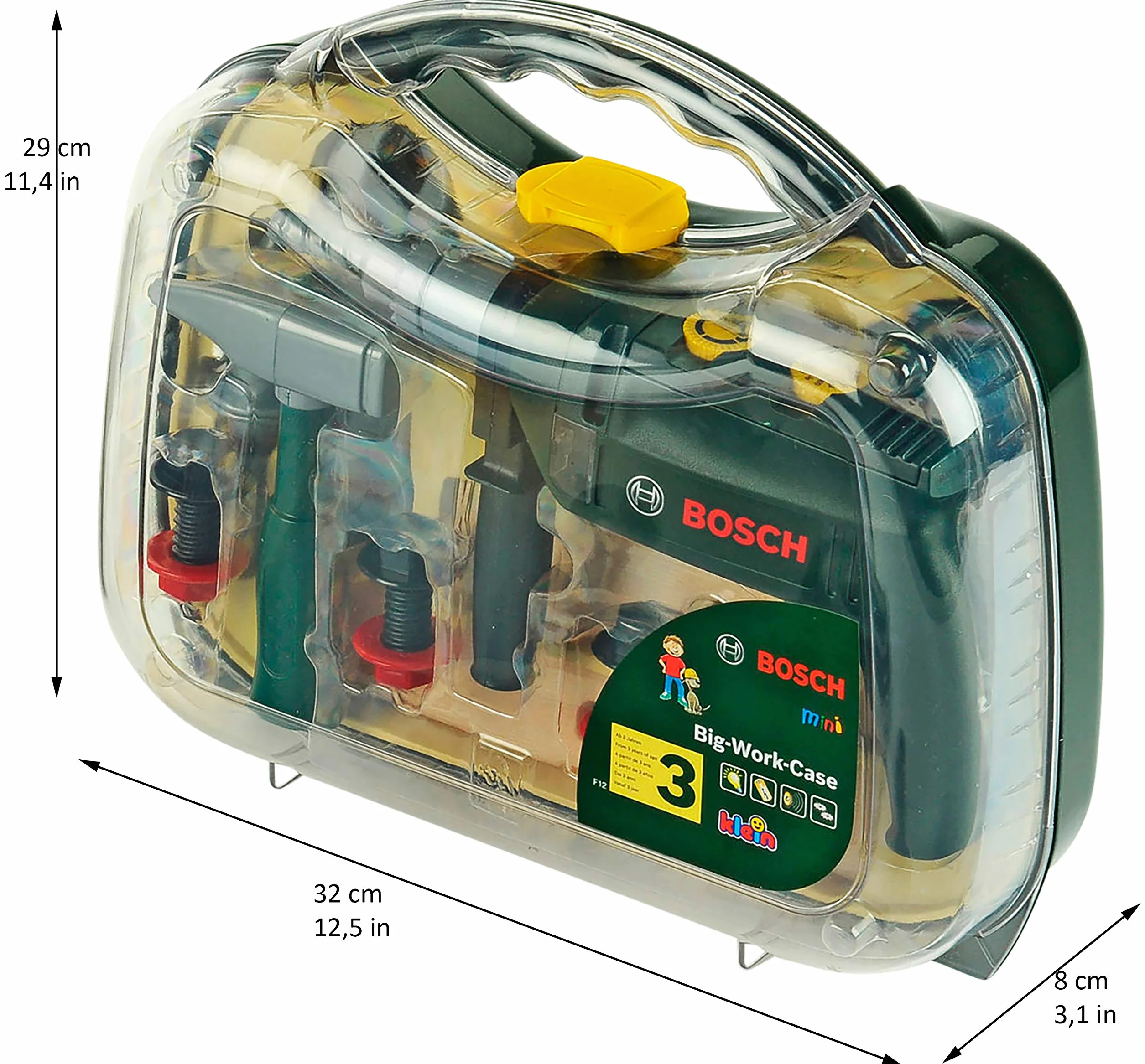 Theo Klein 8416 Mallette outils Bosch, grand modèle | Set de 16 accessoires y compris la perceuse avec lumière et bruitage | Dimensions : 32 cm x 8 cm x 29 cm | Jouet pour enfants à partir de 3 ans