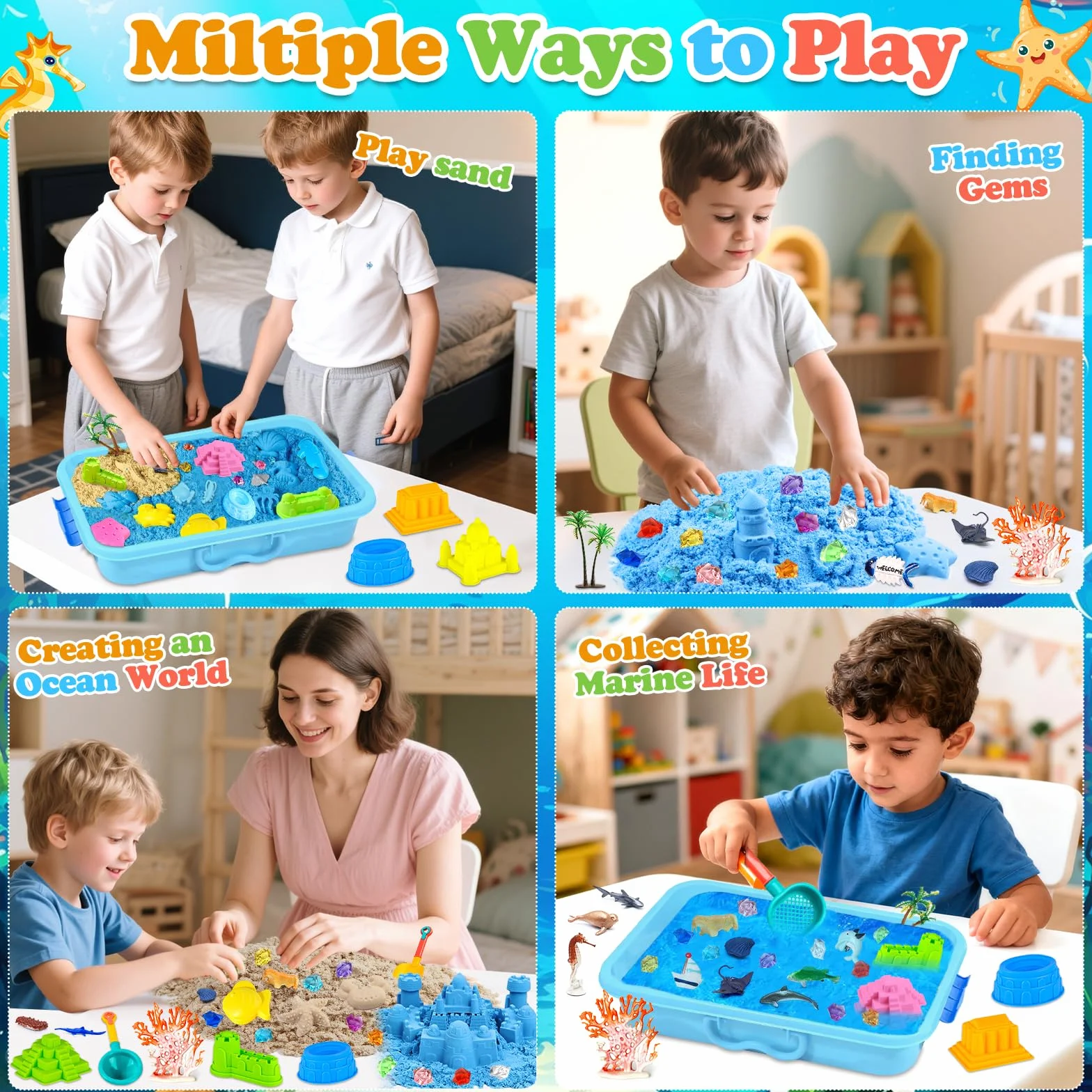 AMCHLEL Sable Magique, Jouets Sensoriels Enfant, Magic Sand avec Moule à Sable et Des Jouets Océaniques, Bac a Sable avec Couvercle, Sable Magique Enfant pour 3+Ans Garçon Fille