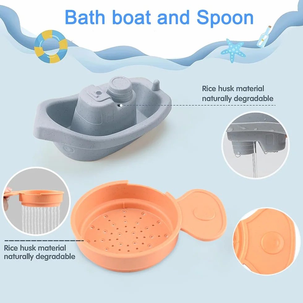 Jouet Bain Bébé, 16 Pièces Jouets de Bain Jouets à Presser Sensoriels avec Bateaux Empilables et Cuillère, Jeux de Bain Jouets de Douche de Bébé Amusants Jouets Flottants pour Bebe Enfant