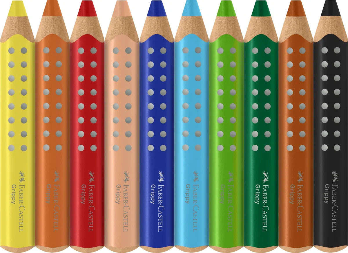 Faber-Castell 110636 Set Grippy, 10 Gros Crayons de Couleurs Enfants, Kit Dessin Facile à Laver, Crayon de Couleurs de Forme Triangulaire Ergonomique et Épaisseur de 10mm, Taille Crayon Inclu